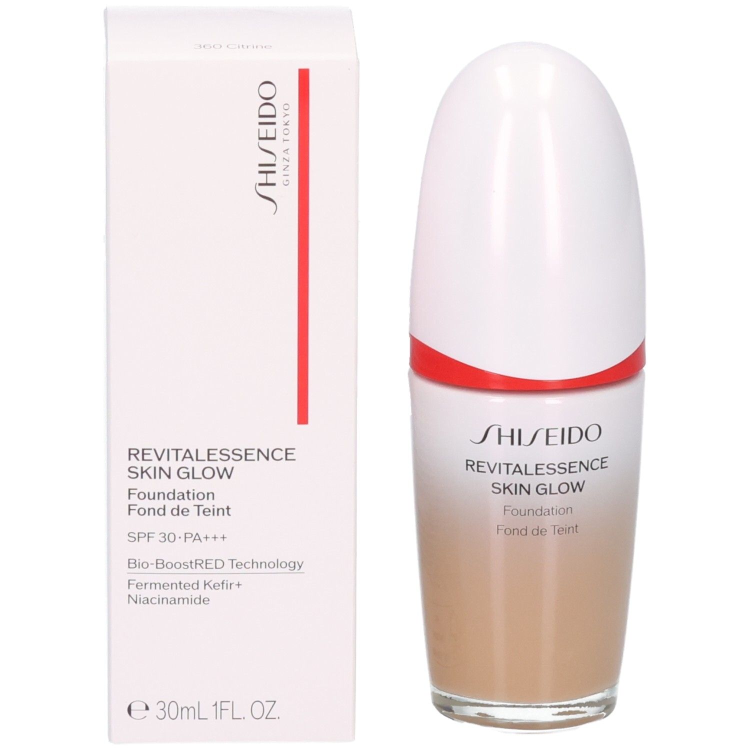 Shiseido Revitalessence Skin Glow Foundation et emballage. Foundation beige clair, SPF 30.