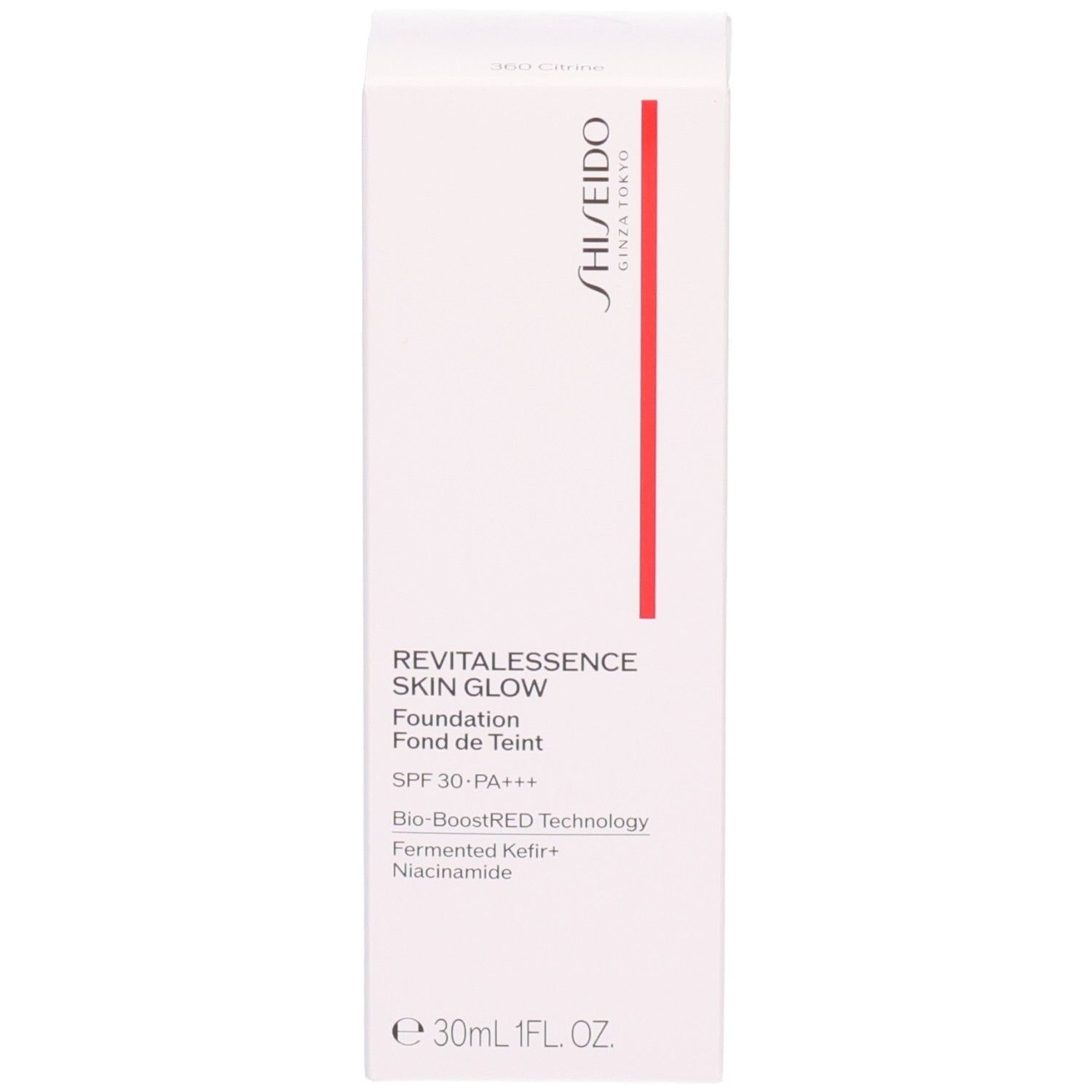 Emballage de la Shiseido Revitalessence Skin Glow Foundation. Contient SPF 30, Bio-BoostRED Technology, Fermented Kefir+, Niacinamide.