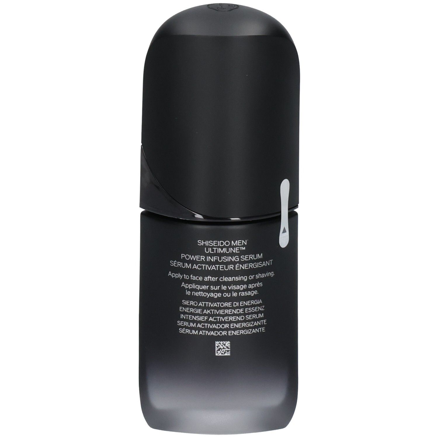 Arrière du flacon Shiseido Men Ultimune Power Infusing Serum avec instructions d'application.