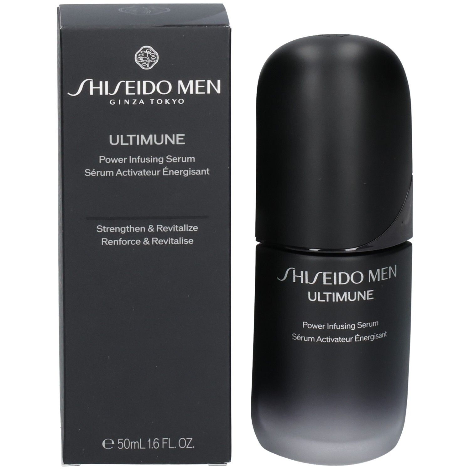 Flacon Shiseido Men Ultimune Power Infusing Serum à côté de son emballage noir.
