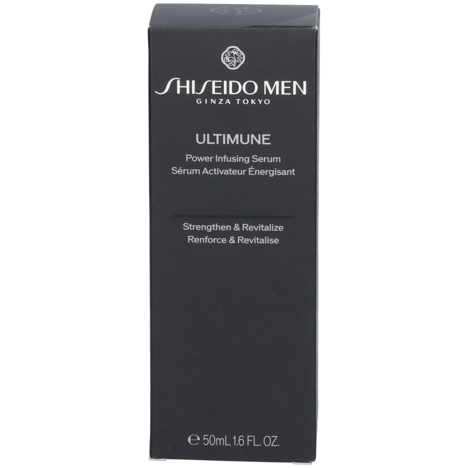 Emballage noir Shiseido Men Ultimune Power Infusing Serum avec texte.