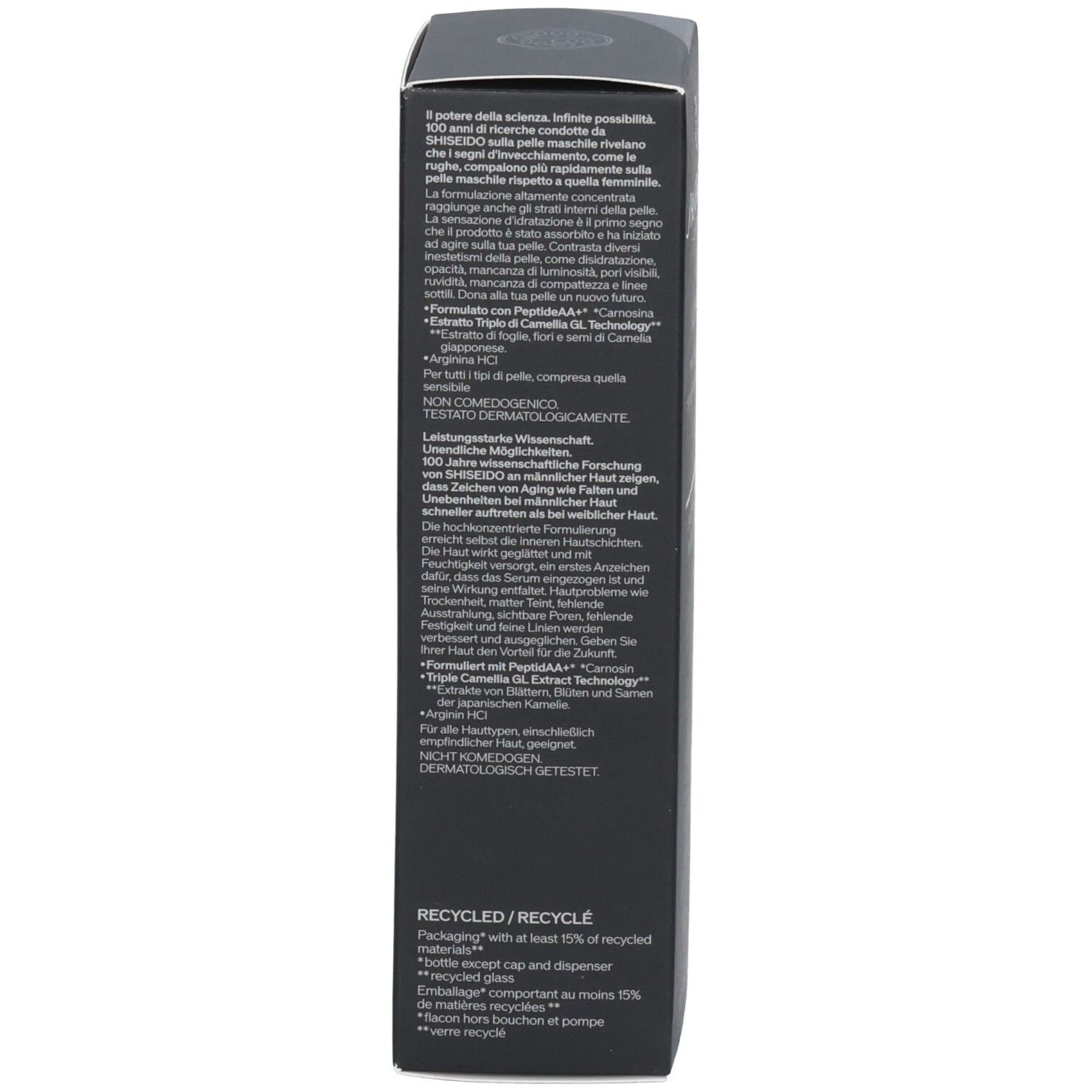 Vue latérale de l'emballage Shiseido Men Ultimune Power Infusing Serum avec informations détaillées.