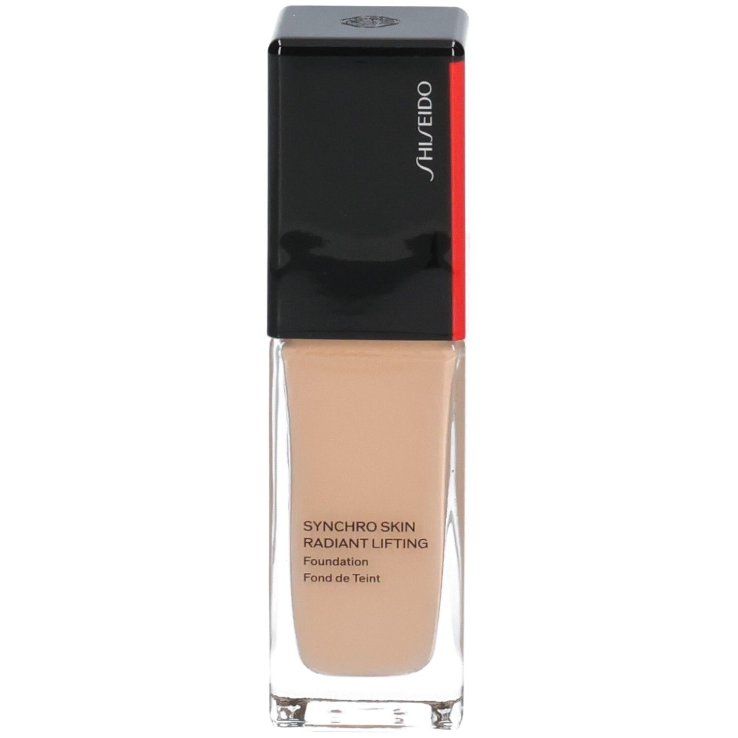 Fond de teint Shiseido Synchro Skin Radiant Lifting dans un flacon en verre avec bouchon noir.