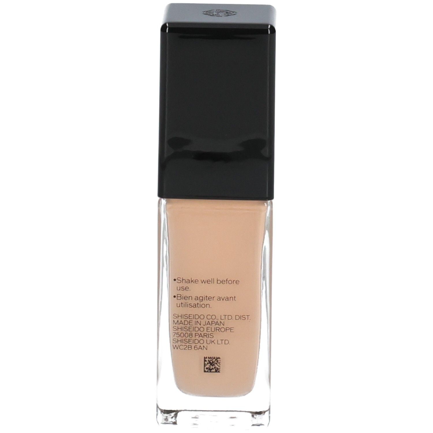 Arrière du flacon de fond de teint Shiseido Synchro Skin Radiant Lifting avec instructions d'utilisation.