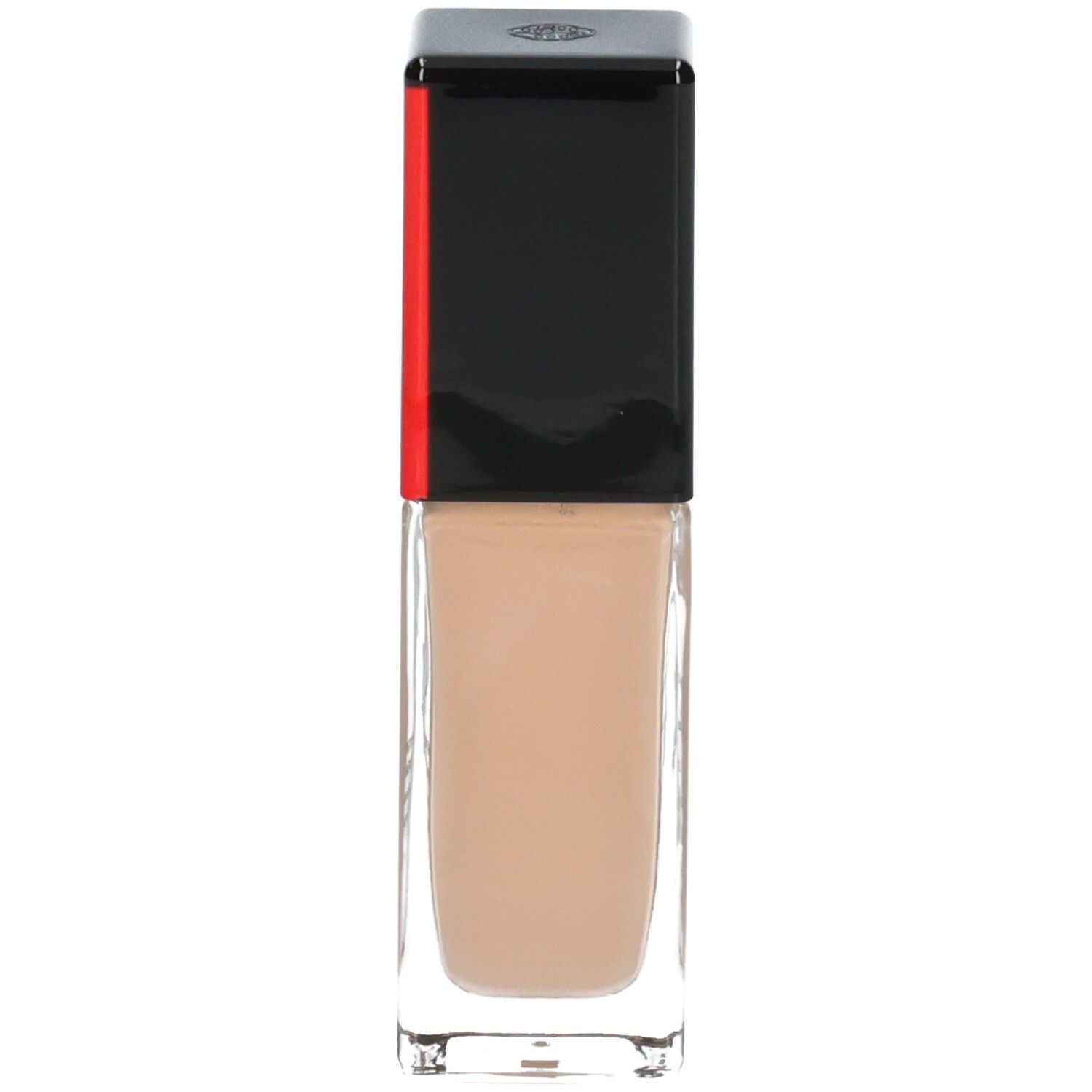 Fond de teint Shiseido Synchro Skin Radiant Lifting, flacon en verre avec bouchon noir et rouge.