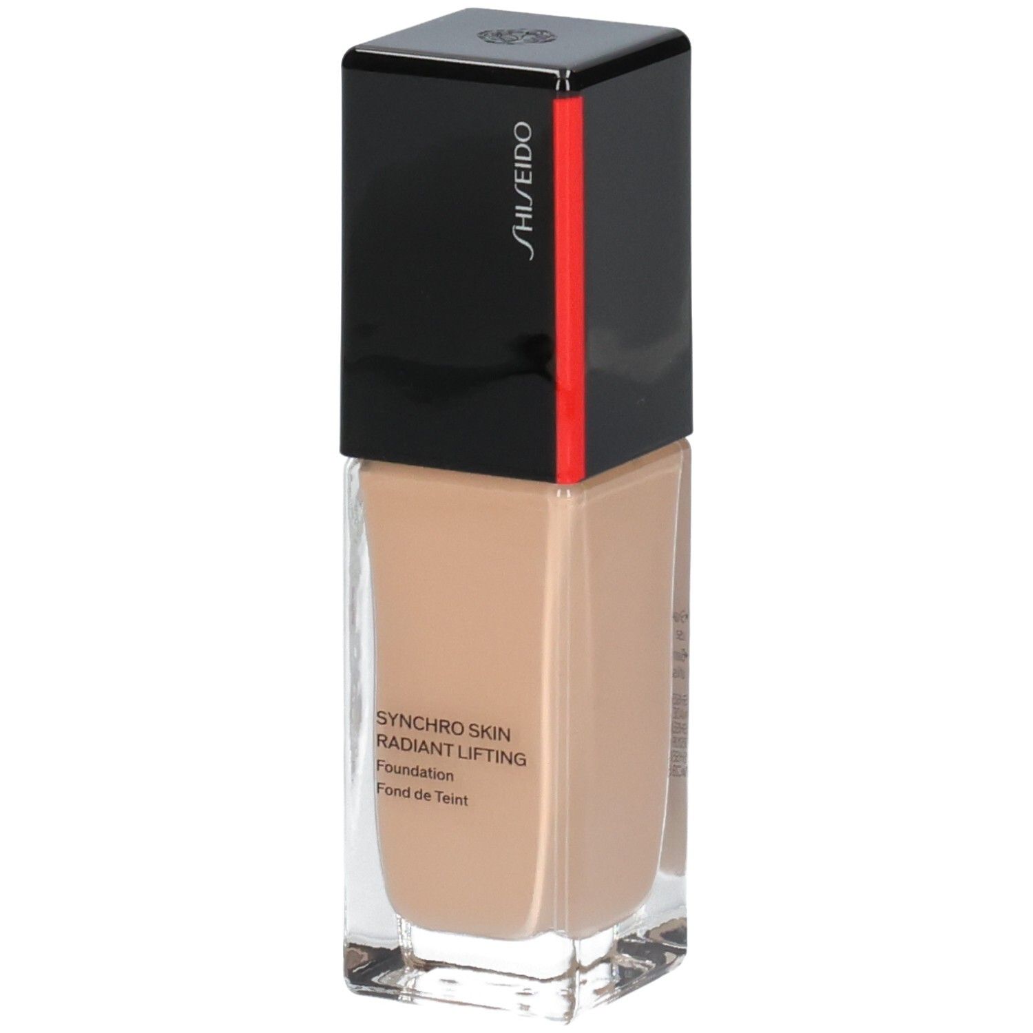 Fond de teint Shiseido Synchro Skin Radiant Lifting, flacon en verre avec bouchon noir et rouge, légère rotation.