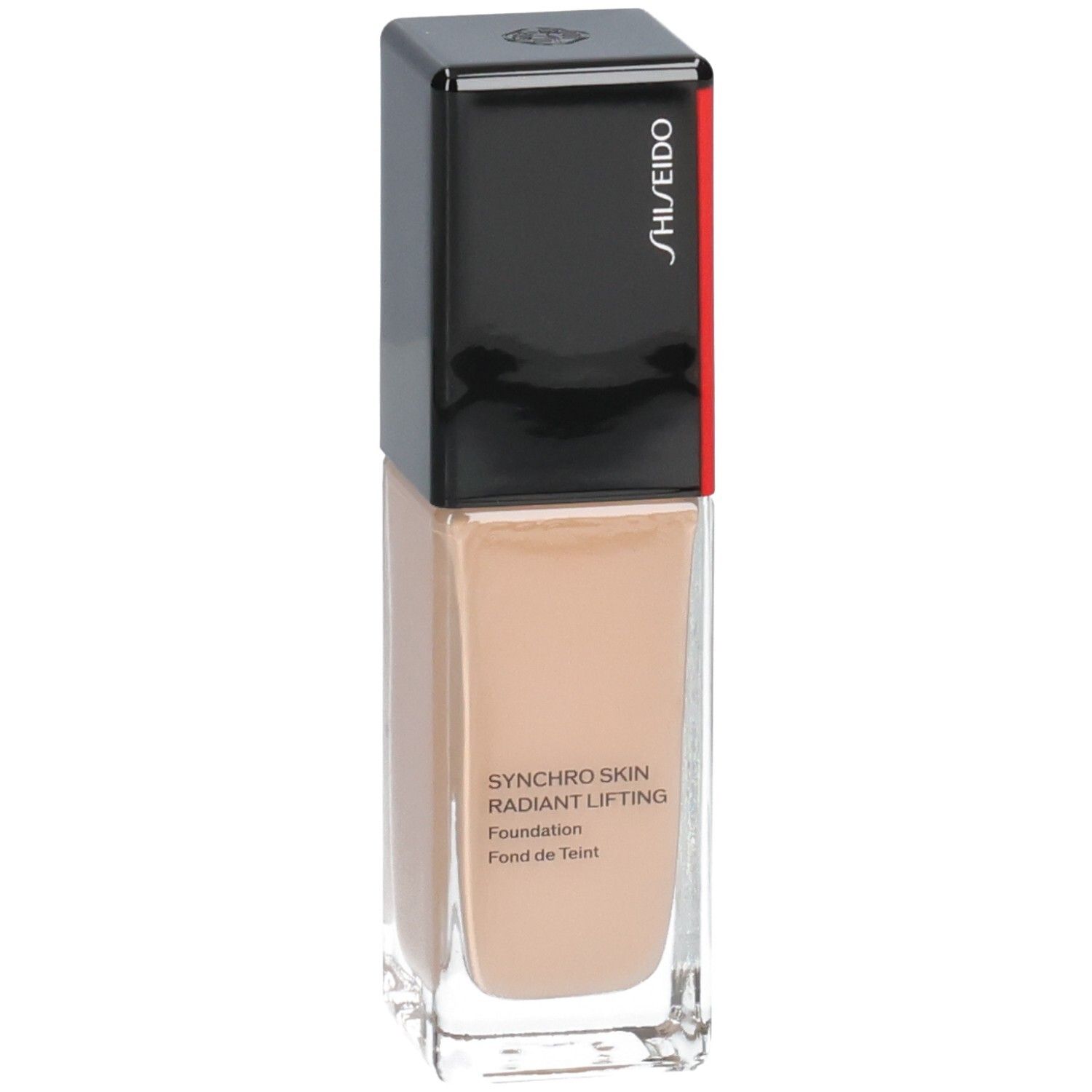 Fond de teint Shiseido Synchro Skin Radiant Lifting, flacon en verre avec bouchon noir et rouge, légère rotation.
