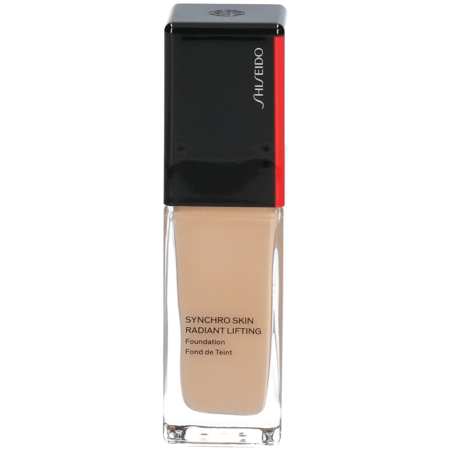 Shiseido Synchro Skin Radiant Lifting Fond de Teint, teinte 330. Flacon en verre avec bouchon noir.