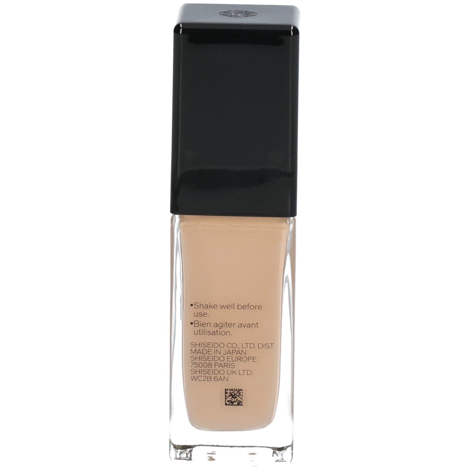 Arrière du flacon Shiseido Synchro Skin Radiant Lifting Fond de Teint. Contient des instructions d'utilisation et des informations fabricant.