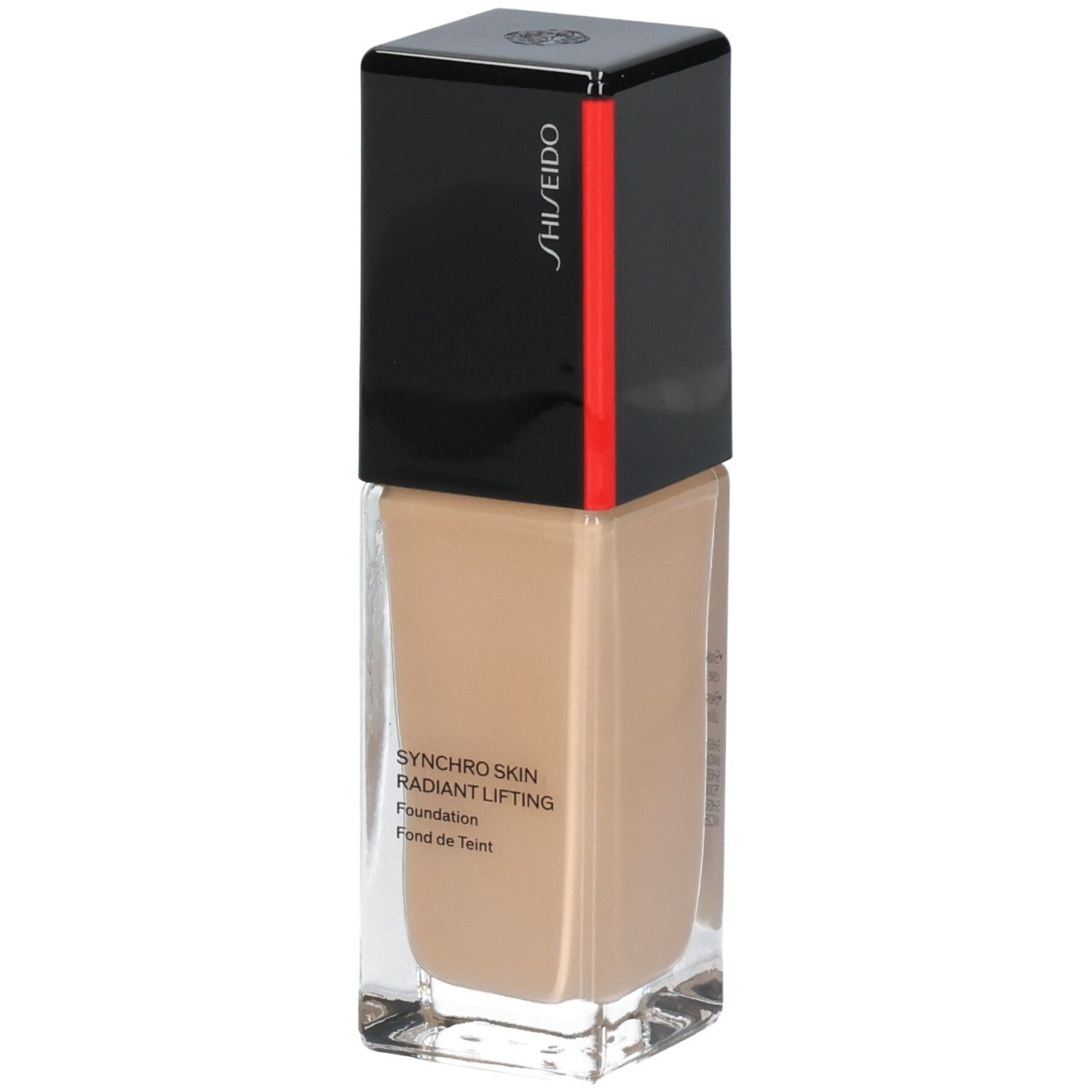 Shiseido Synchro Skin Radiant Lifting Fond de Teint, teinte 330. Flacon en verre avec bouchon noir et accent rouge, vue de côté.
