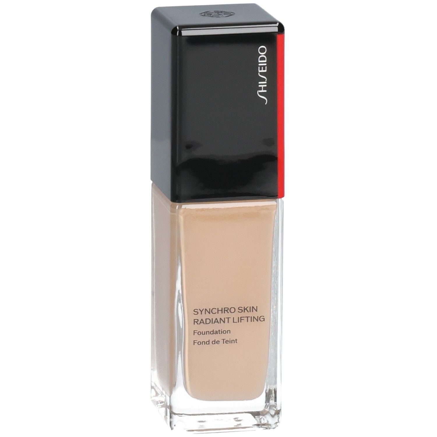 Shiseido Synchro Skin Radiant Lifting Fond de Teint, teinte 330. Flacon en verre avec bouchon noir et accent rouge.