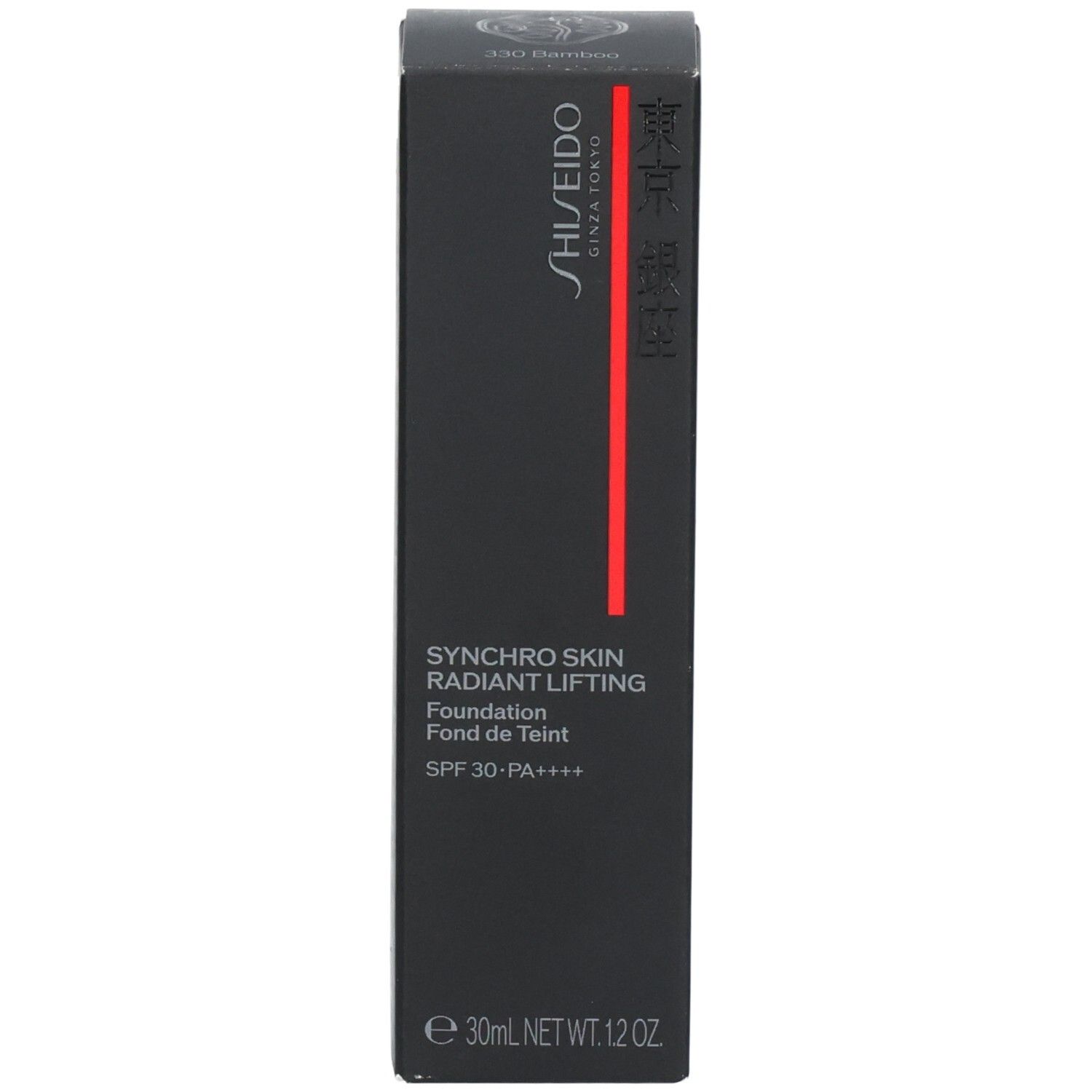 Boîte du Shiseido Synchro Skin Radiant Lifting Fond de Teint. Contient des informations produit et SPF 30-PA++++.