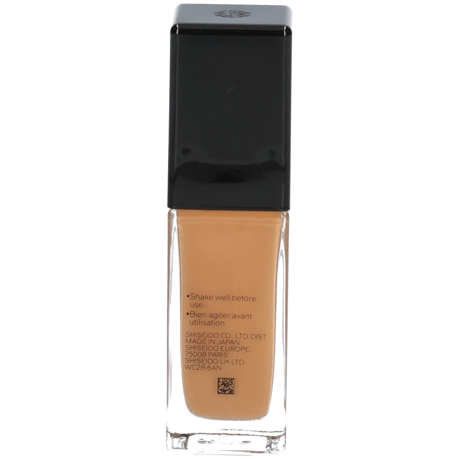 Arrière du flacon de fond de teint Shiseido Synchro Skin Radiant Lifting avec instructions d'utilisation.