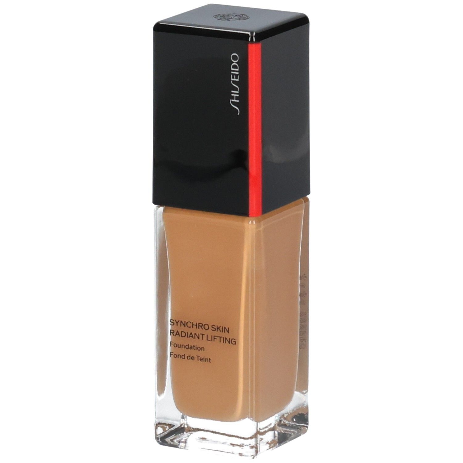Fond de teint Shiseido Synchro Skin Radiant Lifting, flacon en verre avec bouchon noir et bande rouge.