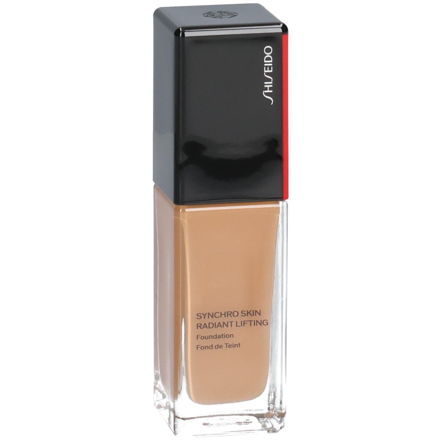 Fond de teint Shiseido Synchro Skin Radiant Lifting, flacon en verre avec bouchon noir et accent rouge.