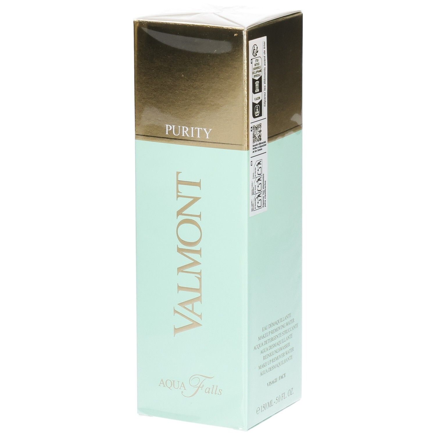 Emballage Valmont Aqua Falls avec dessus doré et menthe. Contient du texte et des sceaux.