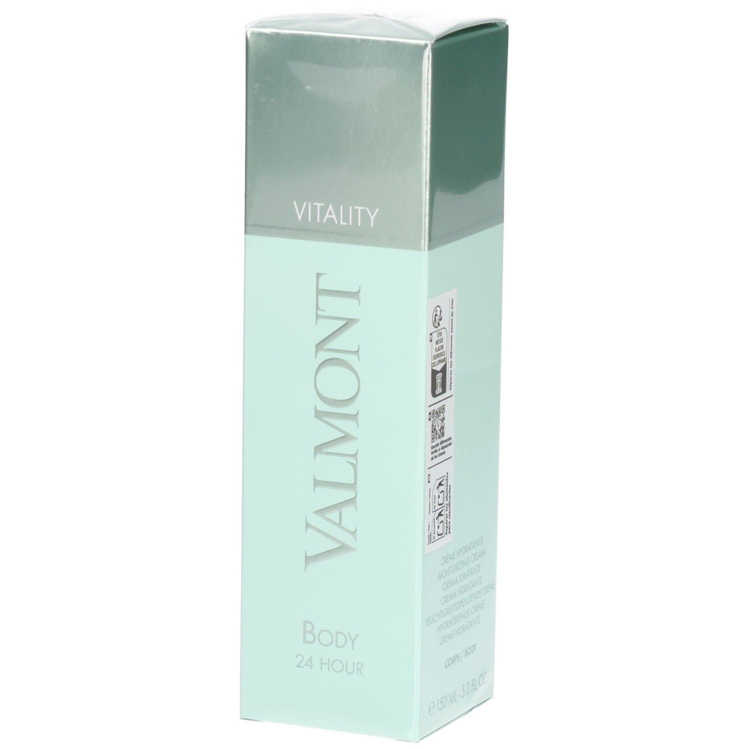 VALMONT Body 24 Hour soin hydratant dans un emballage vert menthe avec un capuchon argenté.