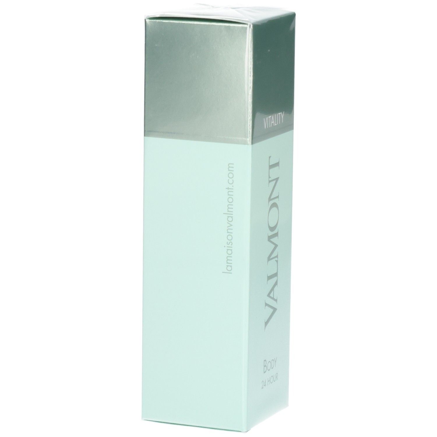 VALMONT Body 24 Hour soin hydratant, emballage vert menthe avec capuchon argenté et site web.