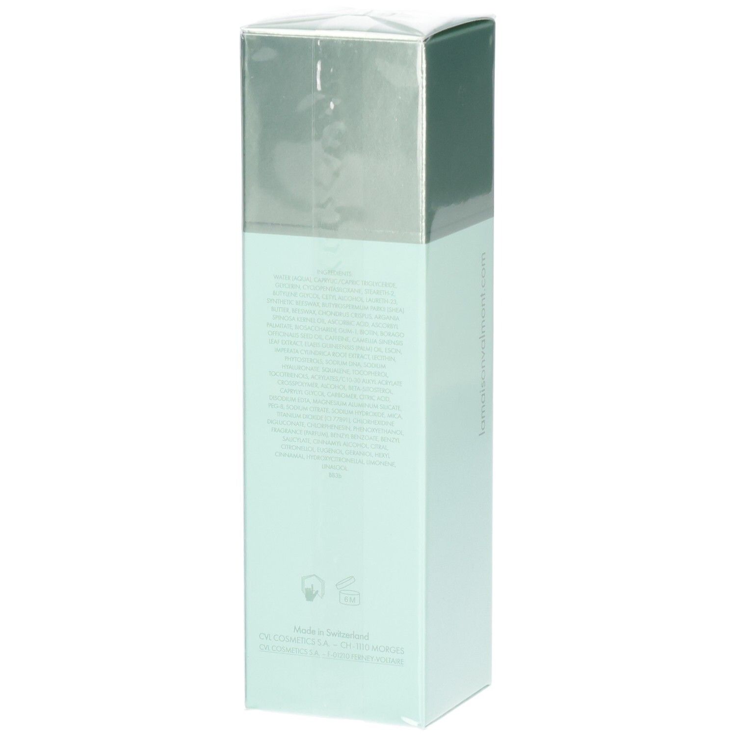 Arrière de l'emballage VALMONT Body 24 Hour soin hydratant avec ingrédients et sceaux.