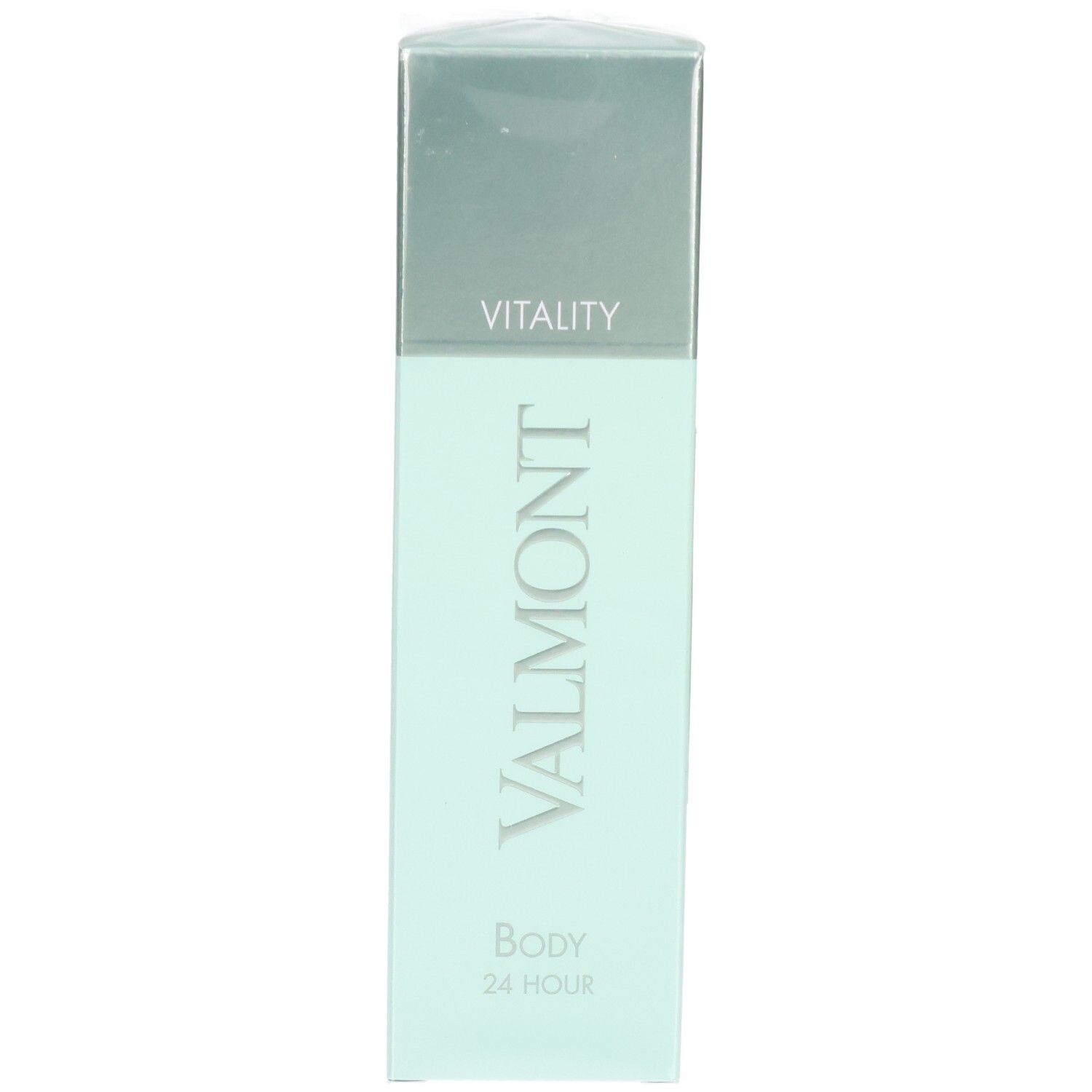 VALMONT Body 24 Hour soin hydratant, emballage vert menthe avec capuchon argenté et 'VITALITY'.