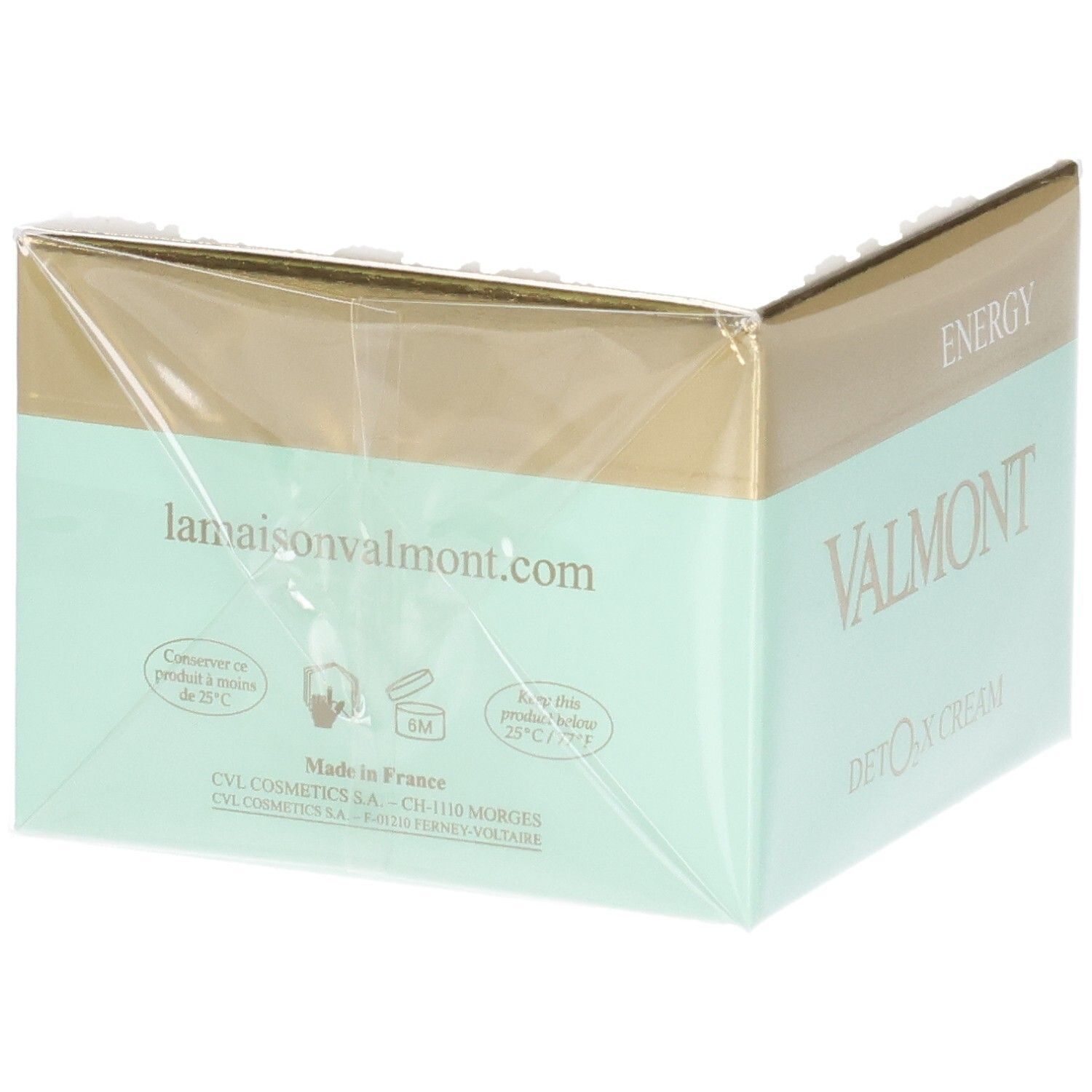 Emballage Valmont Deto2x Cream avec site web et mention de fabrication.