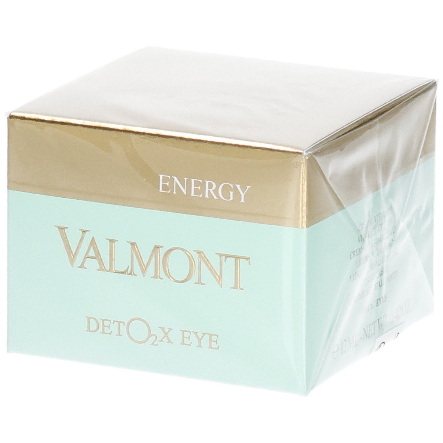 Emballage VALMONT Deto2X Eye avec accents dorés et menthe.