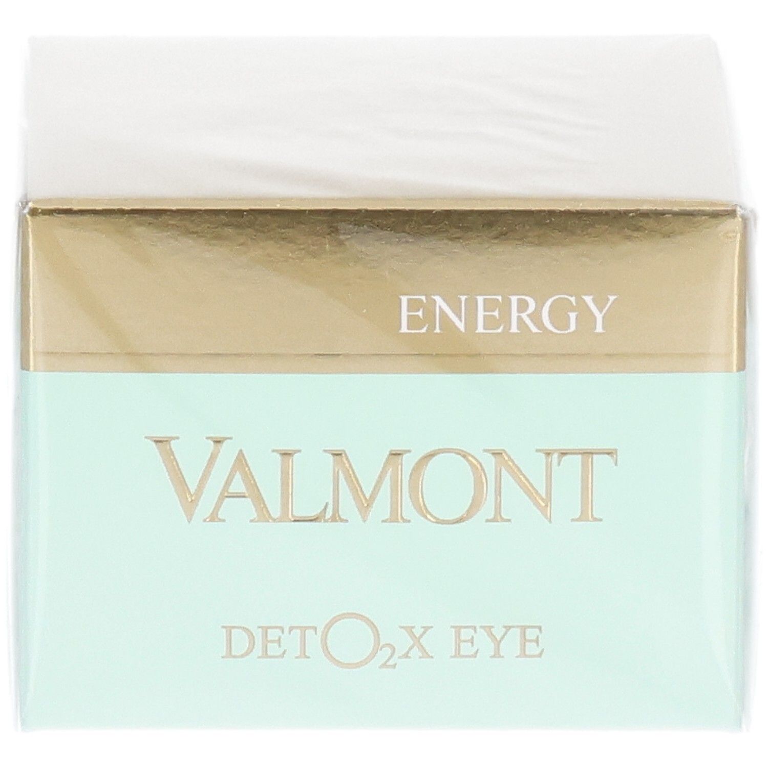 Emballage VALMONT Deto2X Eye, face avant avec accents dorés et menthe.