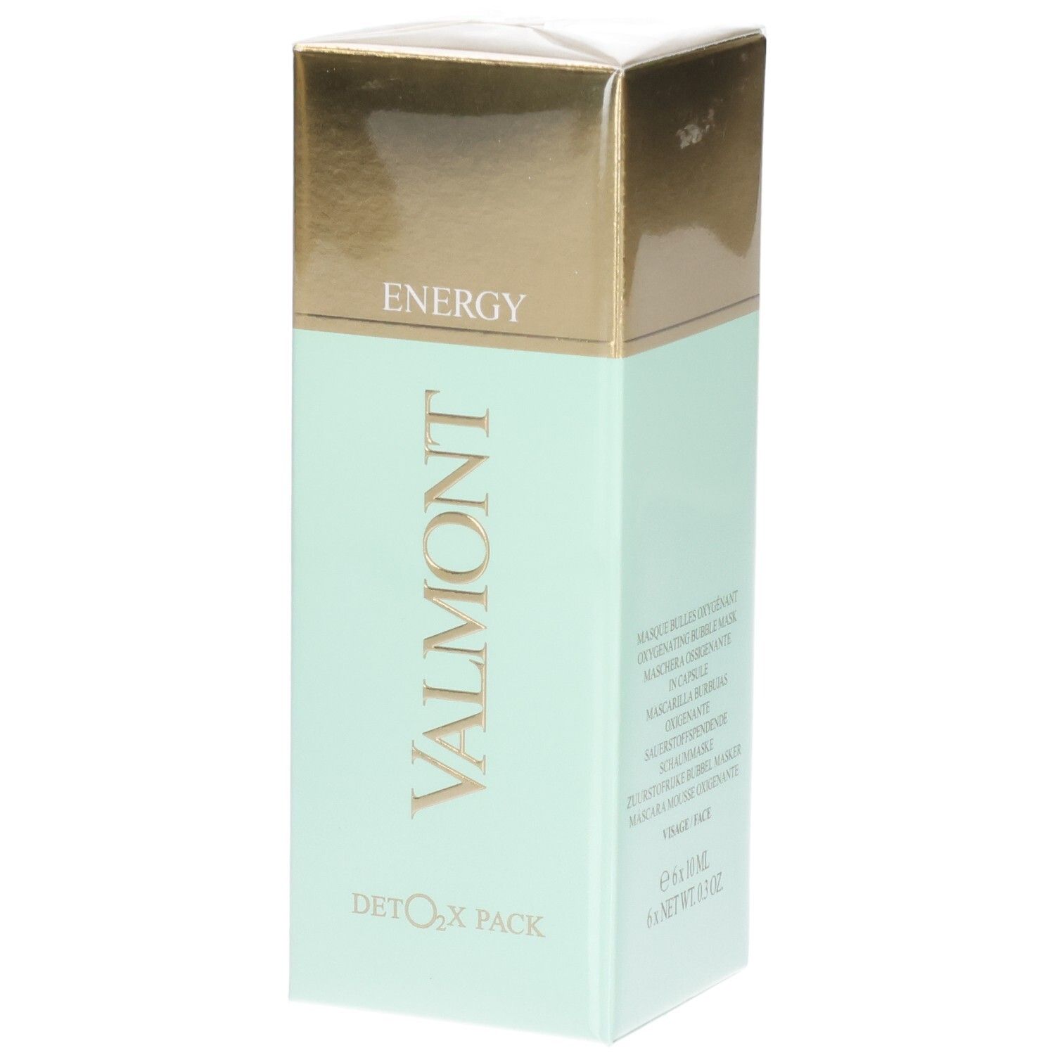 VALMONT Deto2X Pack: Boîte vert pâle avec dessus doré. Texte: ENERGY, VALMONT, DETOX PACK.
