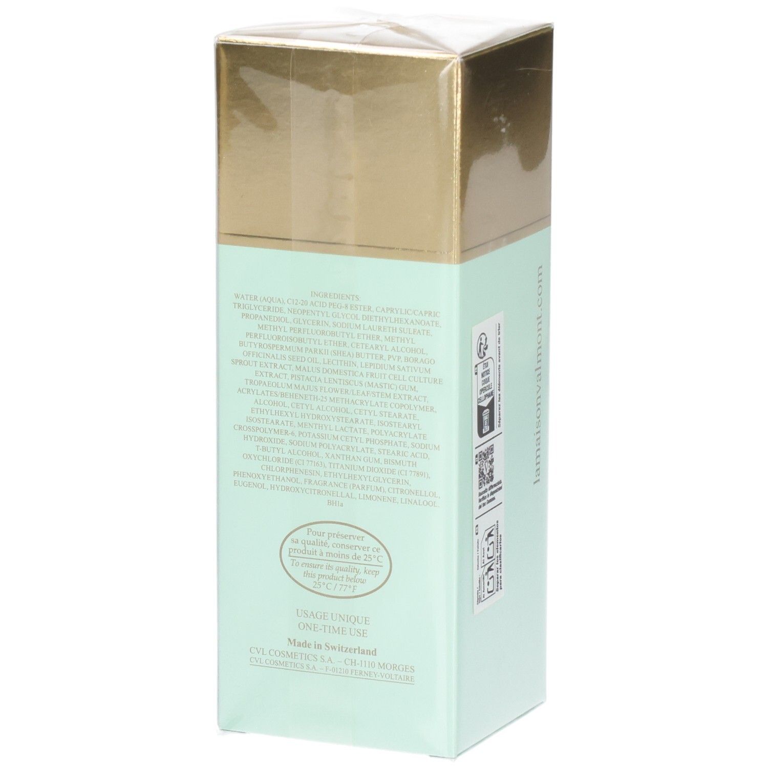 VALMONT Deto2X Pack: Vue latérale de la boîte vert pâle avec liste d'ingrédients et indication d'origine.