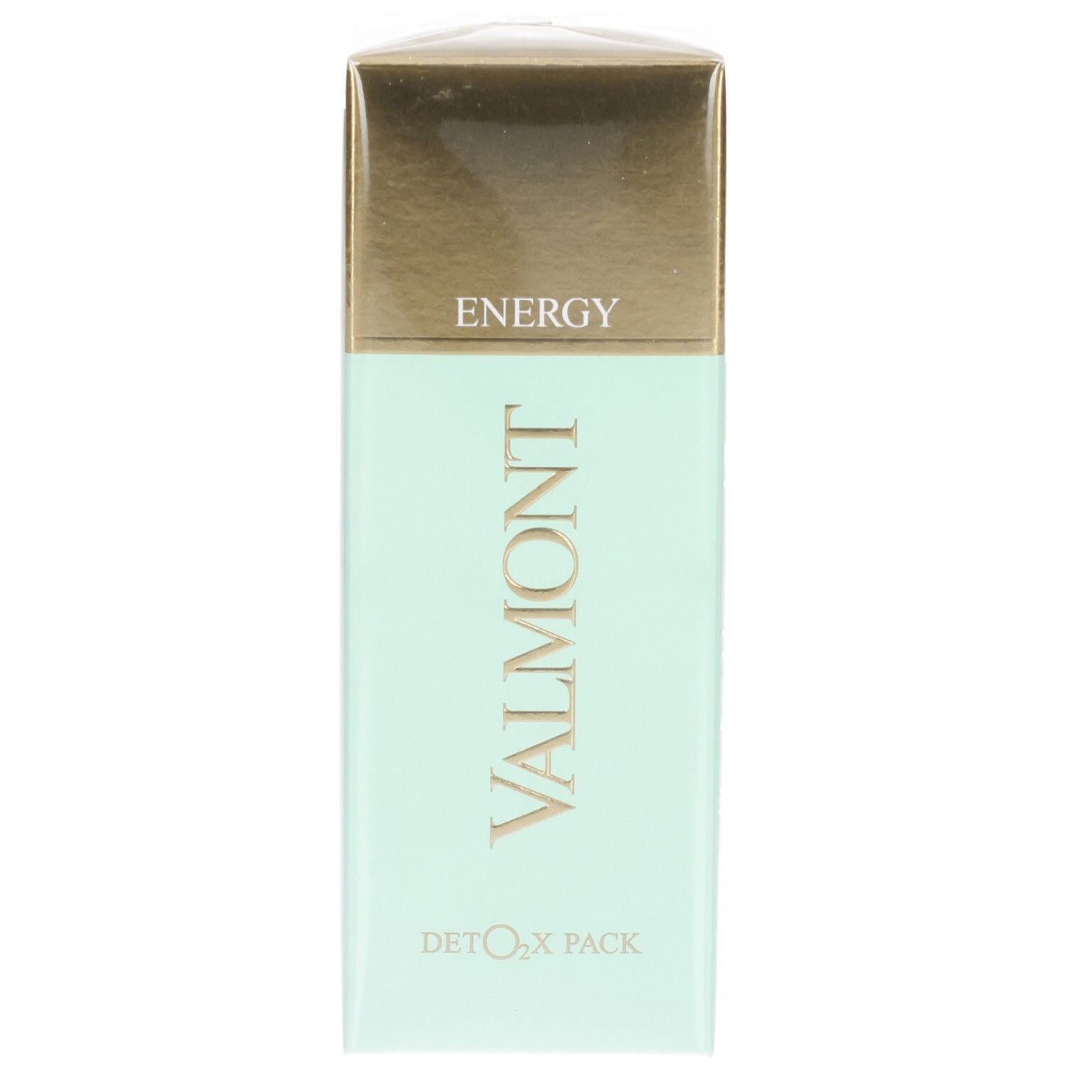 VALMONT Deto2X Pack: Boîte vert pâle avec dessus doré. Texte: ENERGY, VALMONT, DETOX PACK.