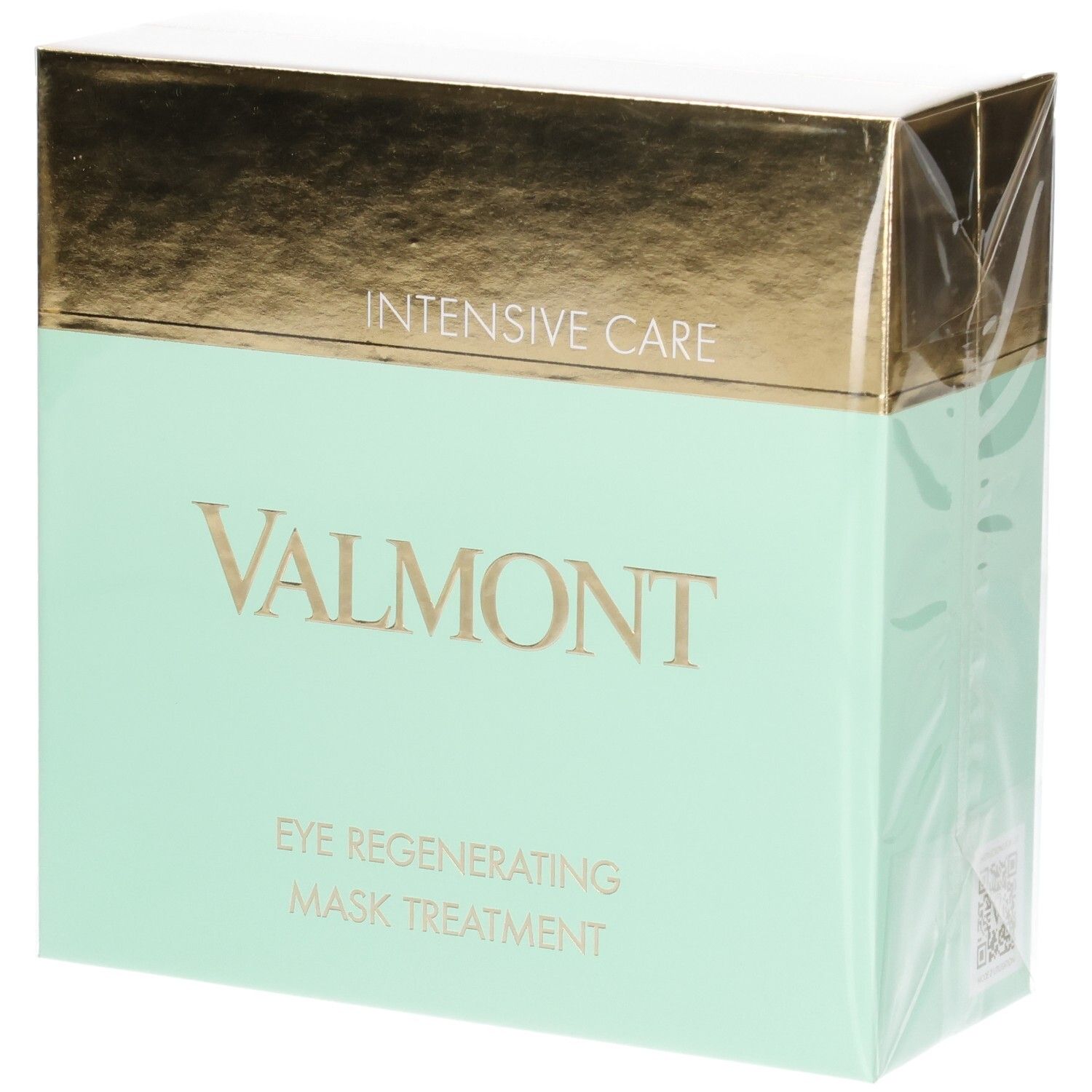 Boîte Valmont Masque Yeux Soin Intensif. Soin intensif. Emballage doré et vert menthe.