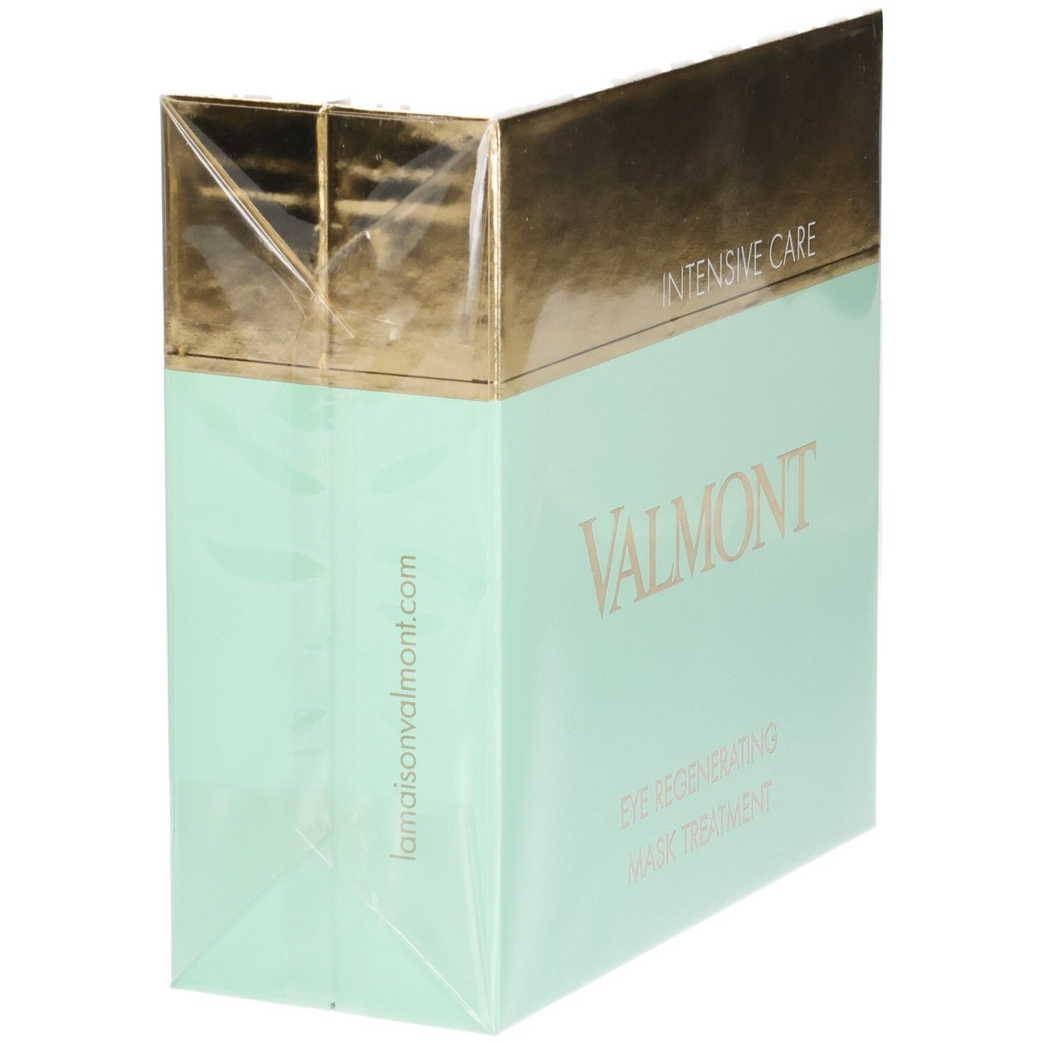 Boîte Valmont Masque Yeux Soin Intensif, vue latérale. Lamaisonvalmont.com. Emballage doré et vert menthe.