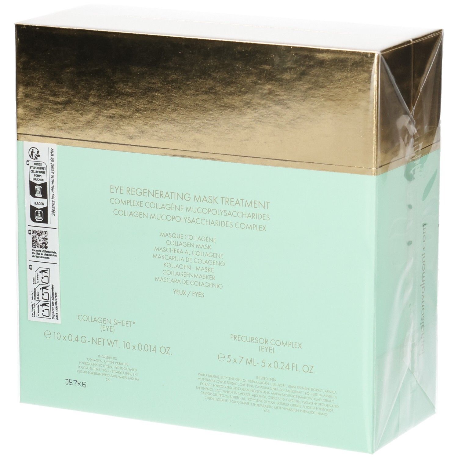 Boîte Valmont Masque Yeux Soin Intensif, vue arrière. Contient Feuille de Collagène (Yeux) et Complexe Précurseur. Emballage doré et vert menthe.