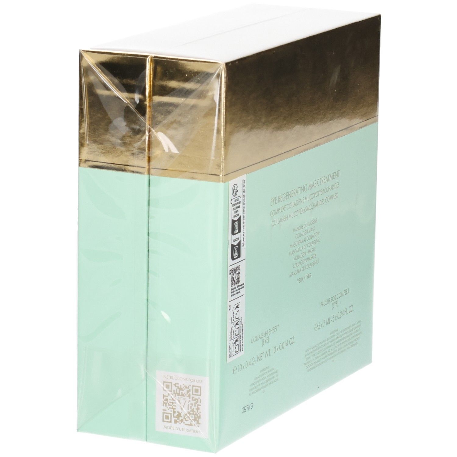 Boîte Valmont Masque Yeux Soin Intensif, vue latérale avec QR code. Emballage doré et vert menthe.