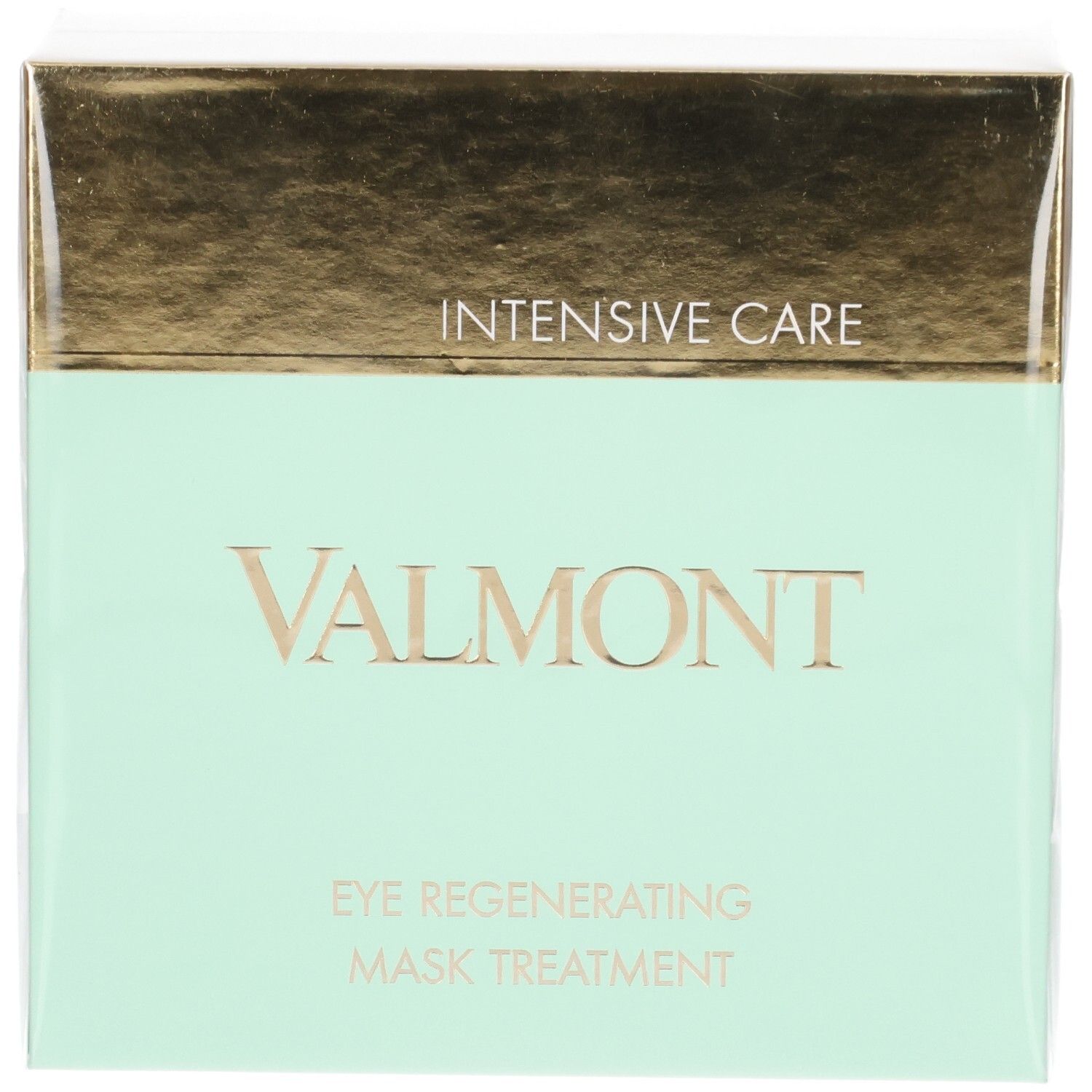 Boîte Valmont Masque Yeux Soin Intensif. Soin intensif. Emballage doré et vert menthe.