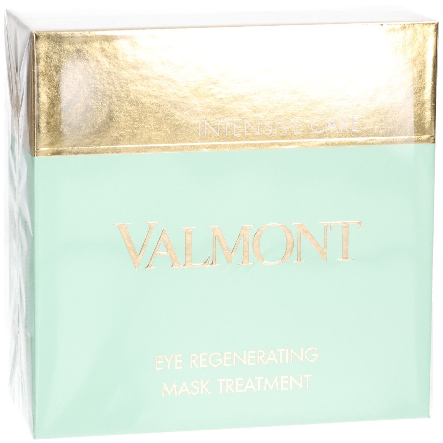 Boîte Valmont Masque Yeux Soin Intensif. Soin intensif. Emballage doré et vert menthe.