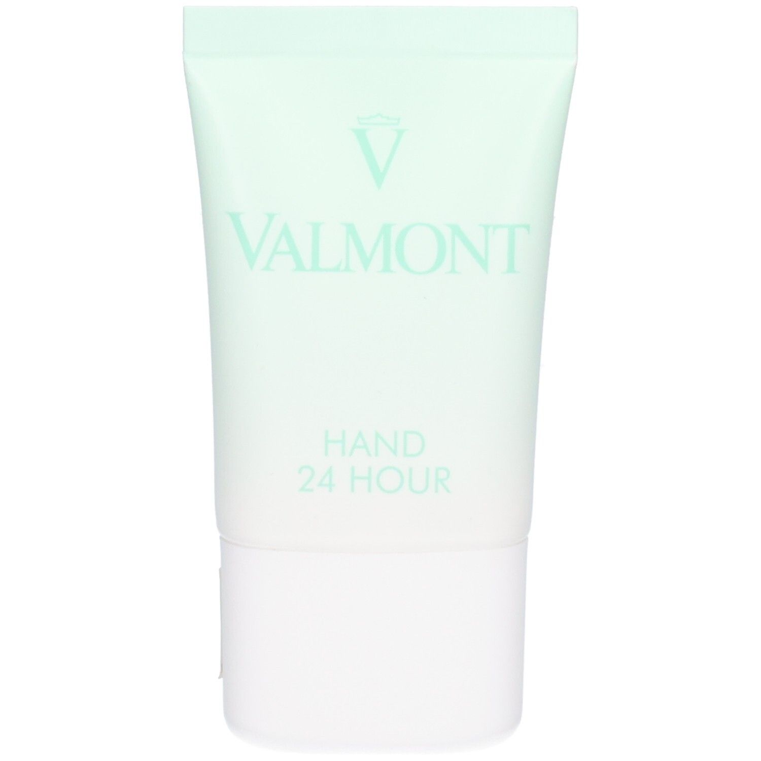 Tube de crème pour les mains VALMONT Hand 24 Hour, vert menthe avec bouchon blanc. Logo et nom du produit visibles.