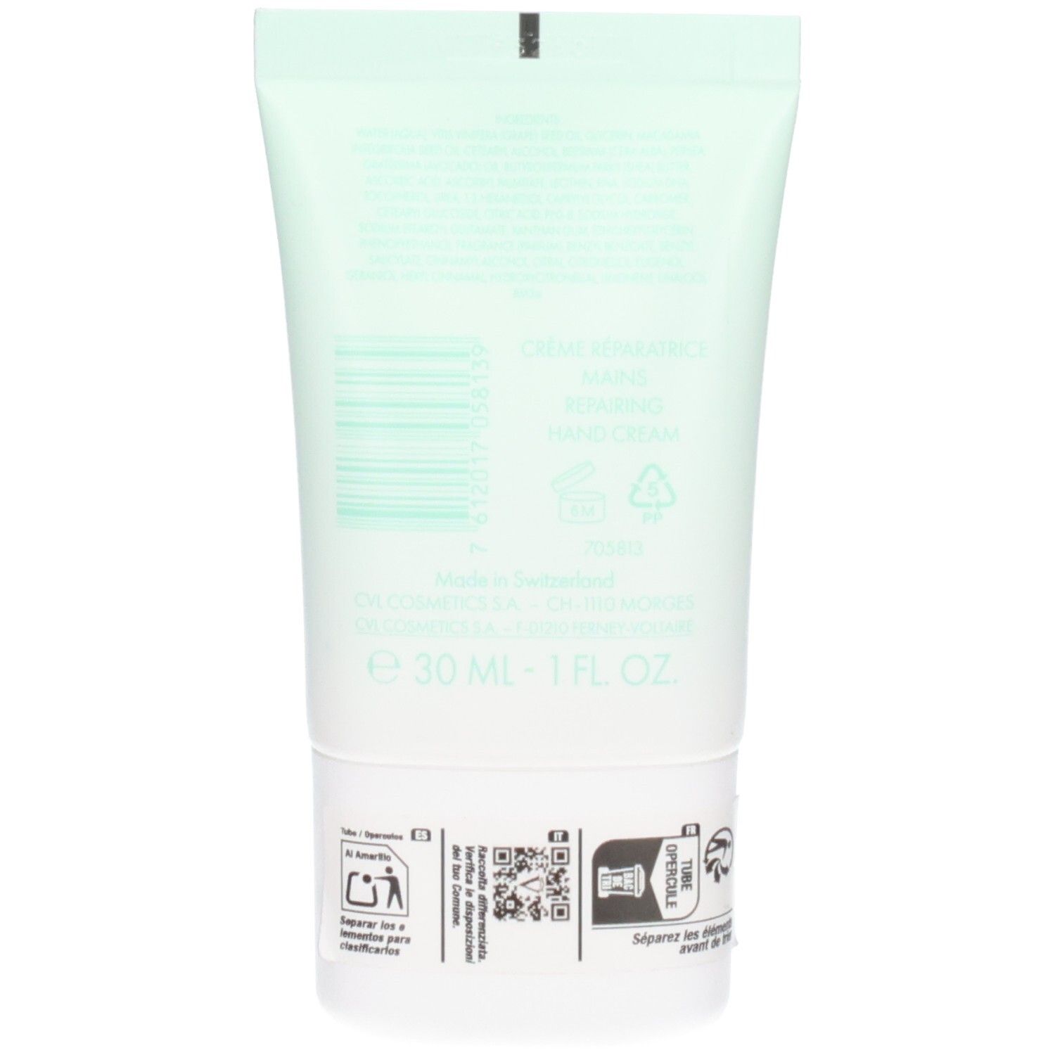 Arrière du tube de crème pour les mains VALMONT Hand 24 Hour. Comprend un code-barres, le lieu de fabrication et le volume (30ml).