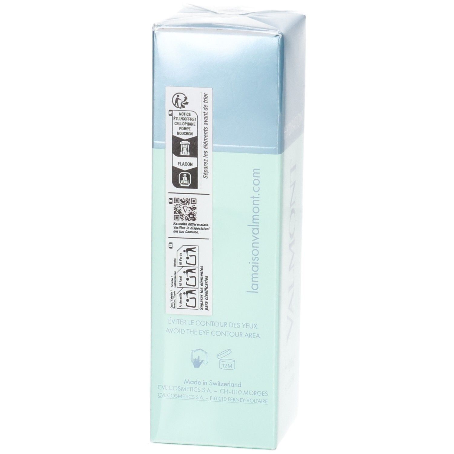 Flacon VALMONT Hydra³ Booster, verso avec certifications et site web.