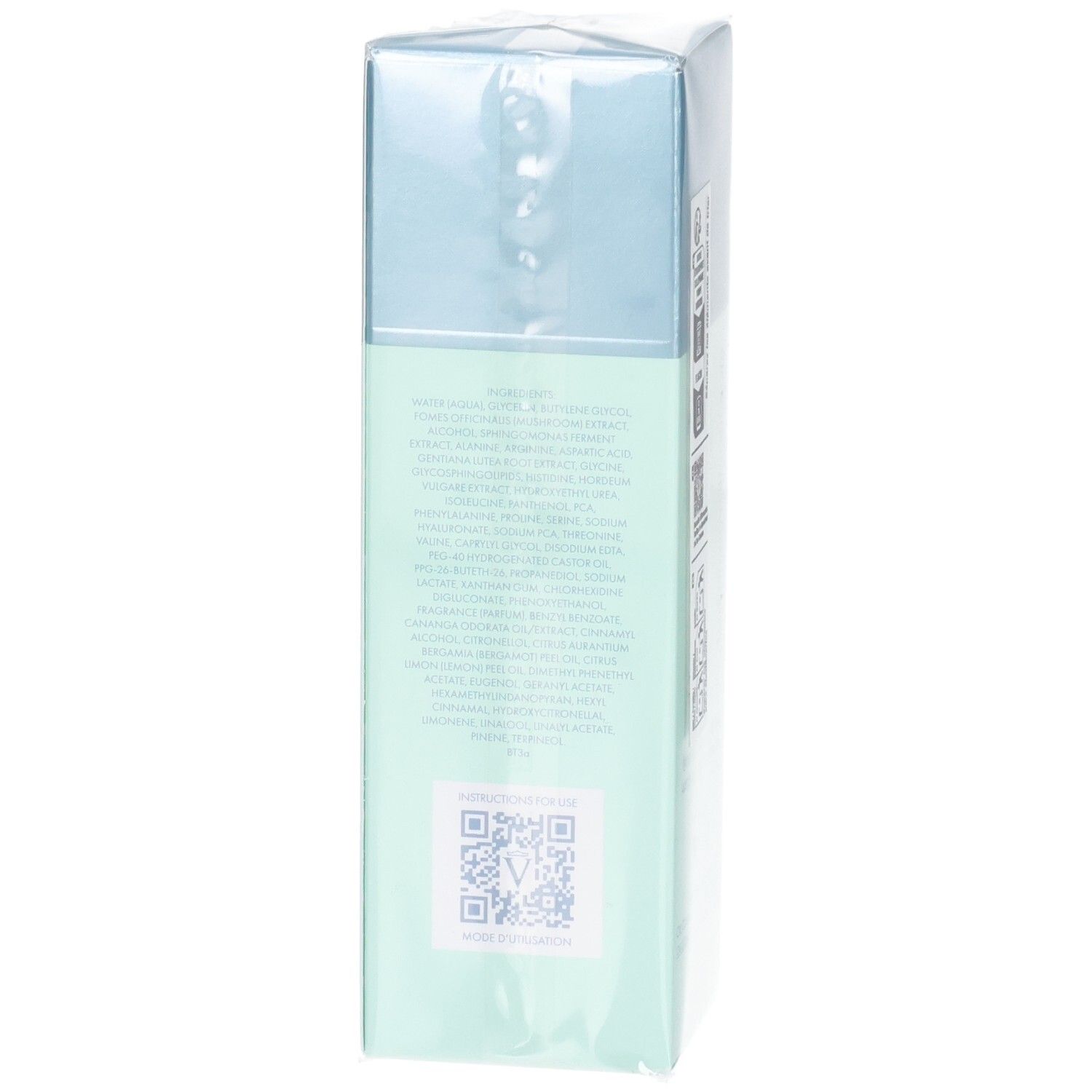 Flacon VALMONT Hydra³ Booster, côté avec ingrédients et code QR.