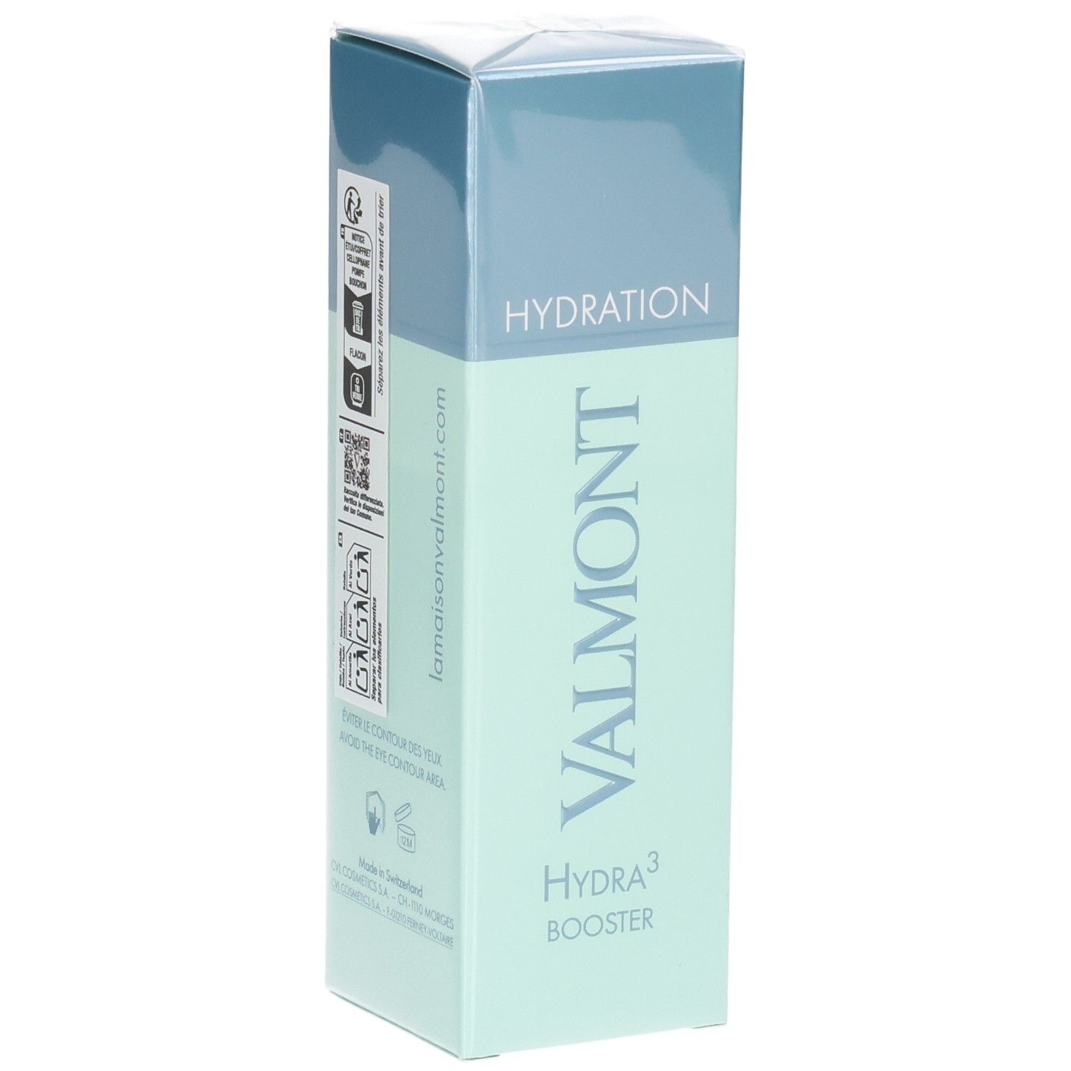 Flacon VALMONT Hydra³ Booster, côté avec certifications et site web.