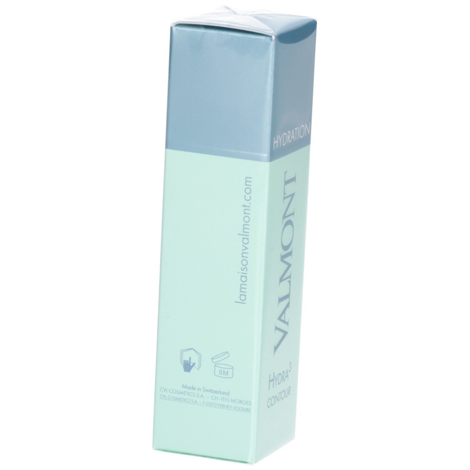 Boîte Valmont Hydration avec texte 'lamaisonvalmont.com' et 'VALMONT'.