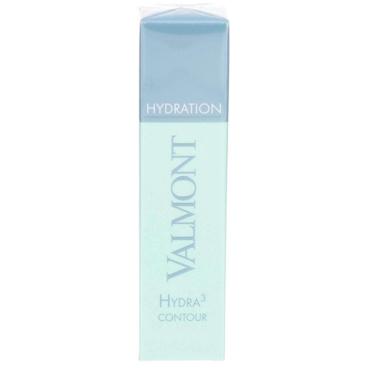 Flacon Valmont Hydra³ Contour avec bouchon bleu et corps vert pâle.