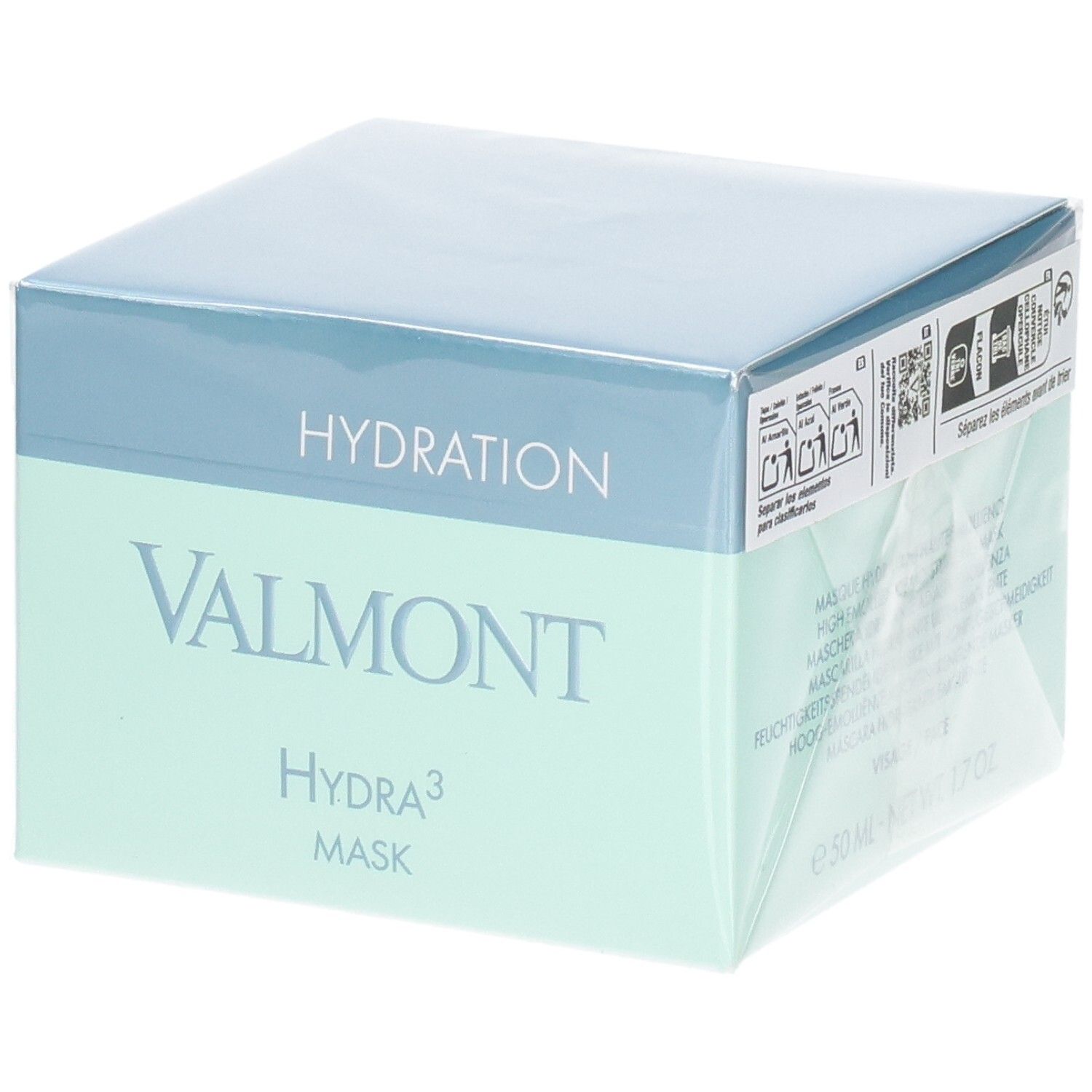 Emballage du masque Valmont Hydra³ avec inscription 'Hydration'.