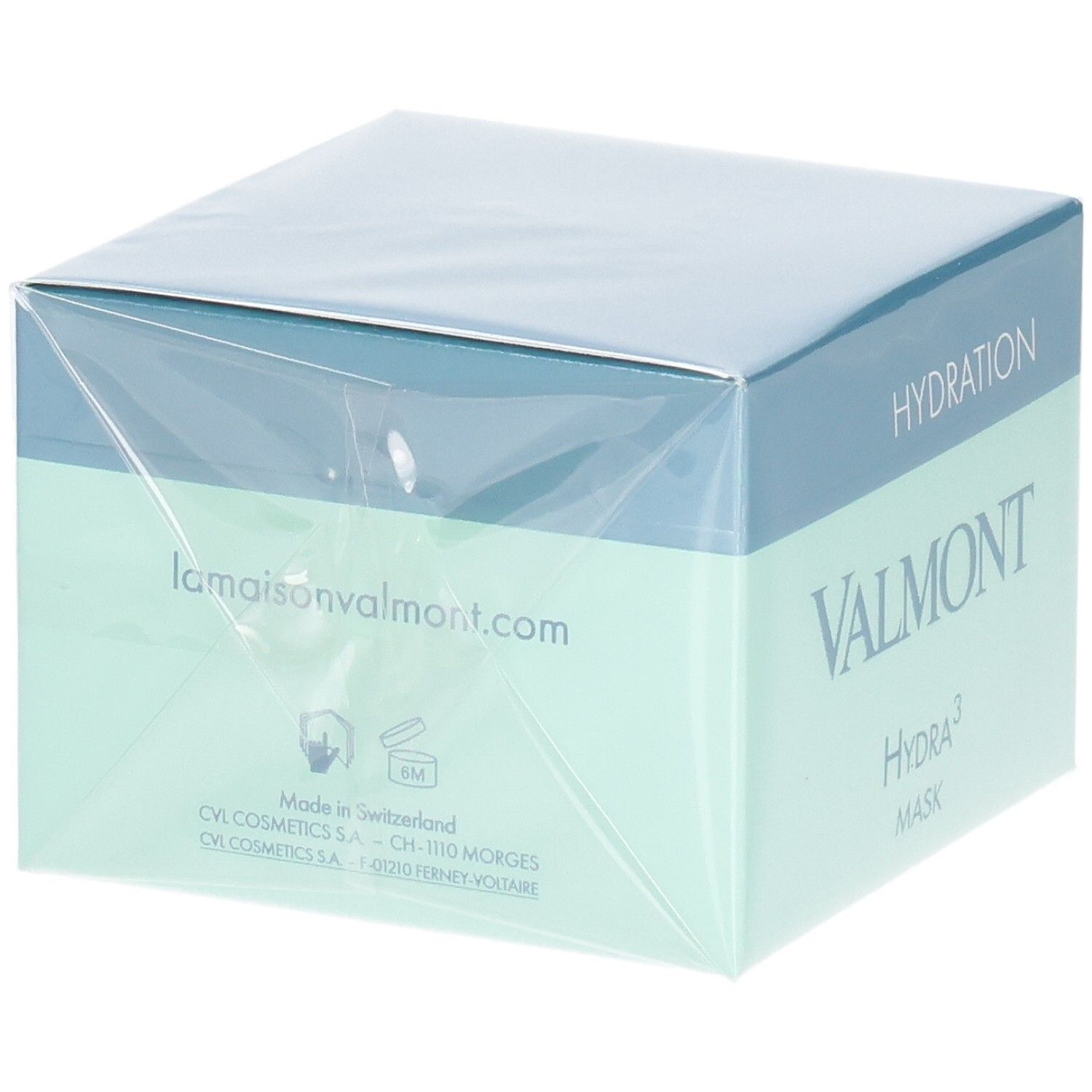Emballage masque Valmont Hydra³, verso avec site web et informations de fabrication.