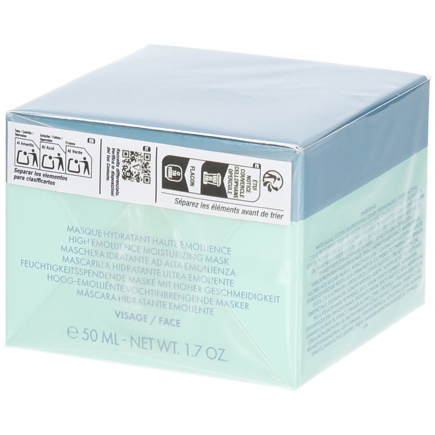 Emballage masque Valmont Hydra³, face avant avec nom du produit et volume.