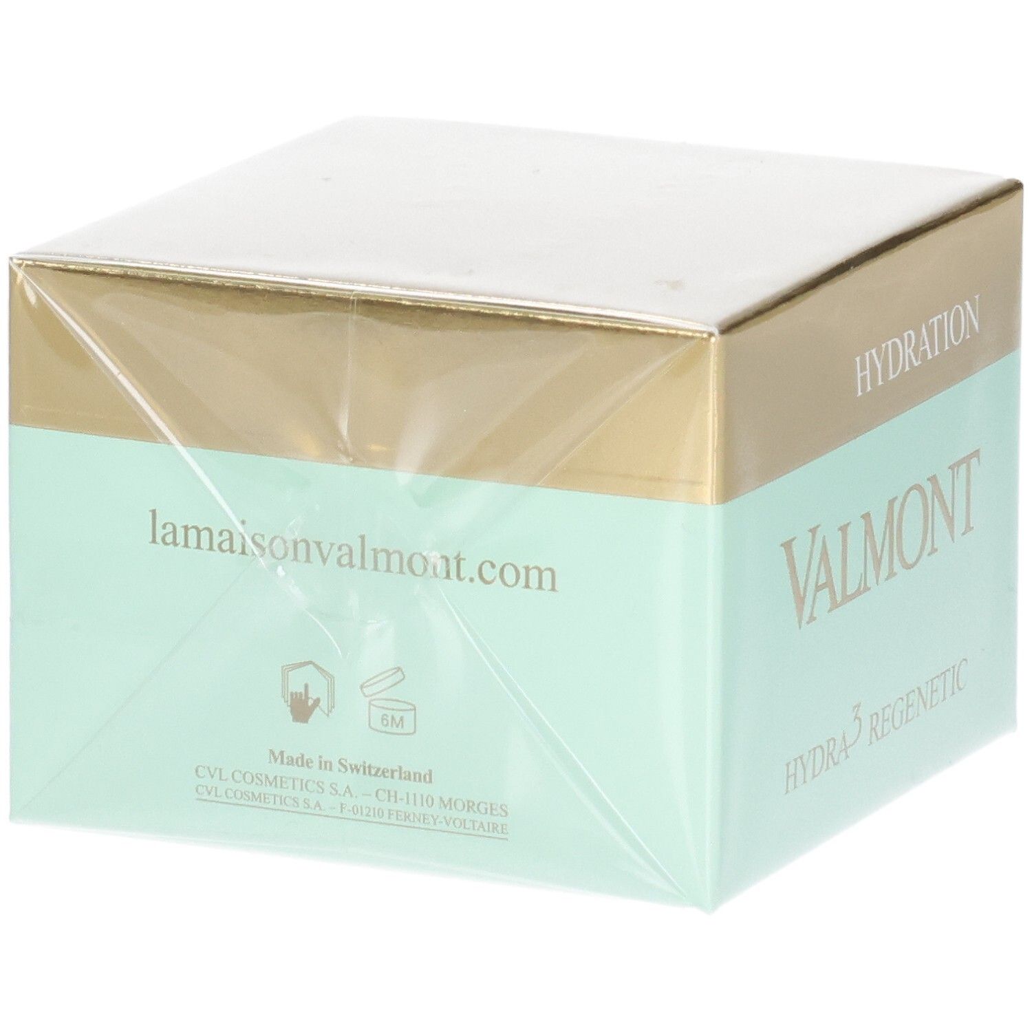Emballage VALMONT Hydra3 Regenetic avec site web et informations de fabrication.