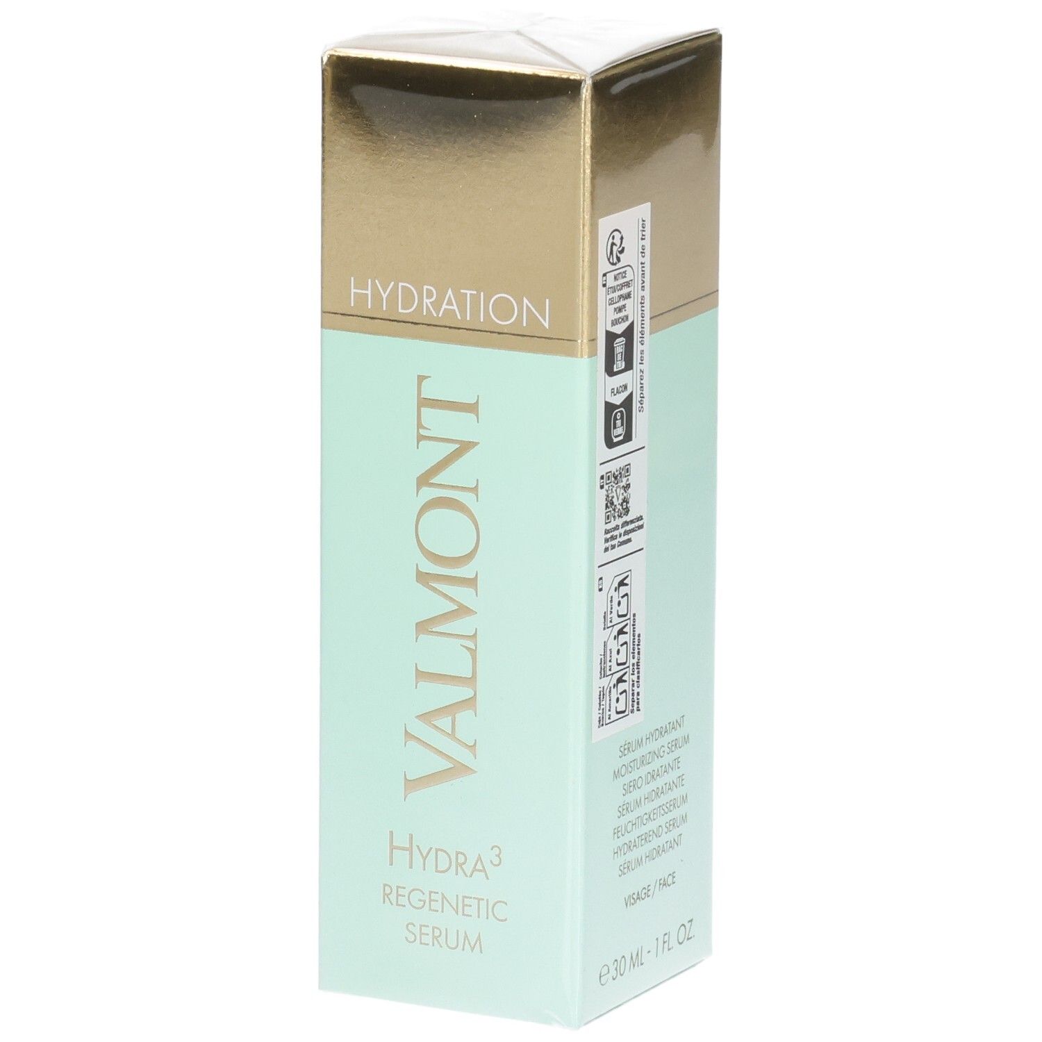 Boîte Valmont Hydra³ Regenetic Serum. Vert pâle et doré. Informations produit.