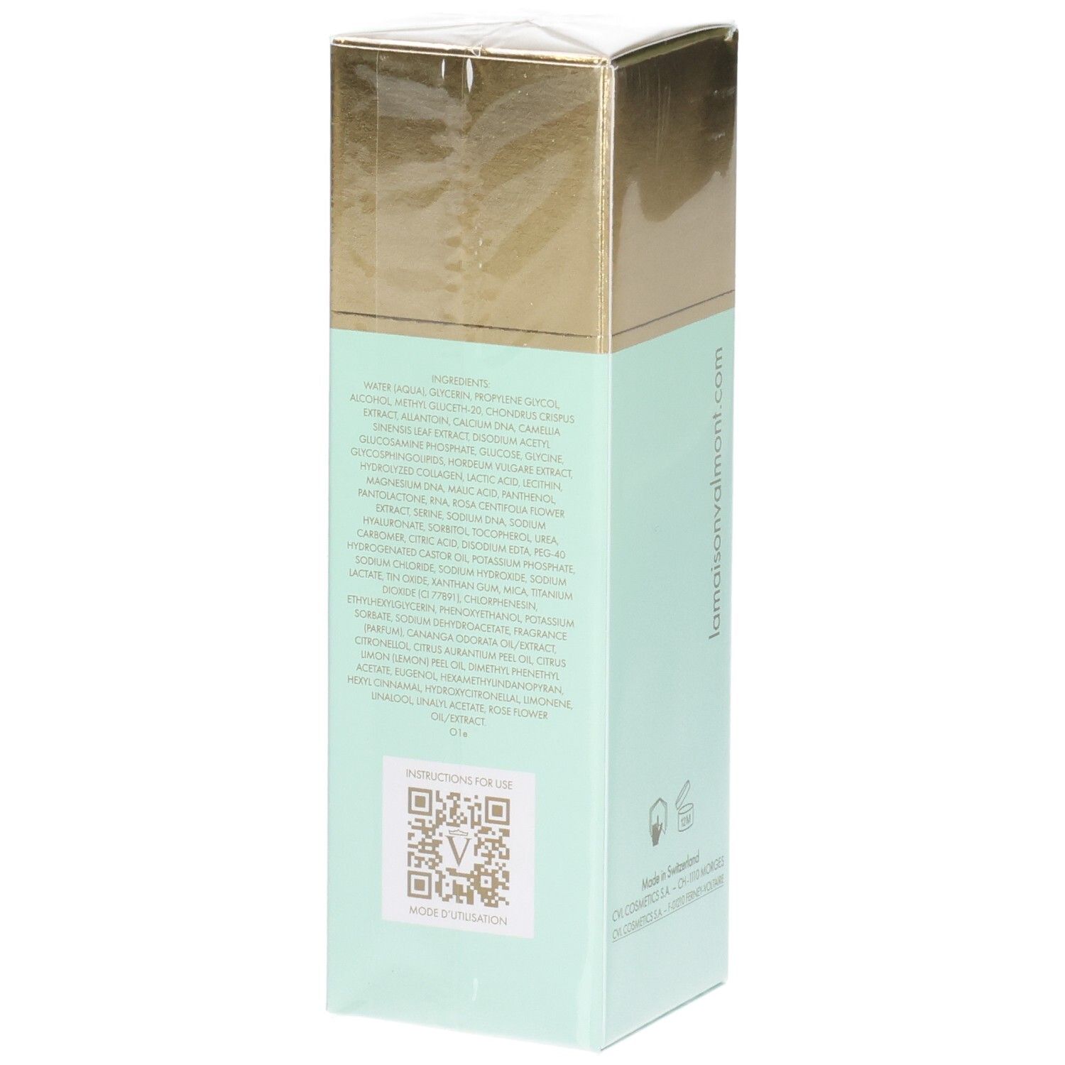 Boîte Valmont Hydra³ Regenetic Serum. Côté avec liste des ingrédients et code QR.