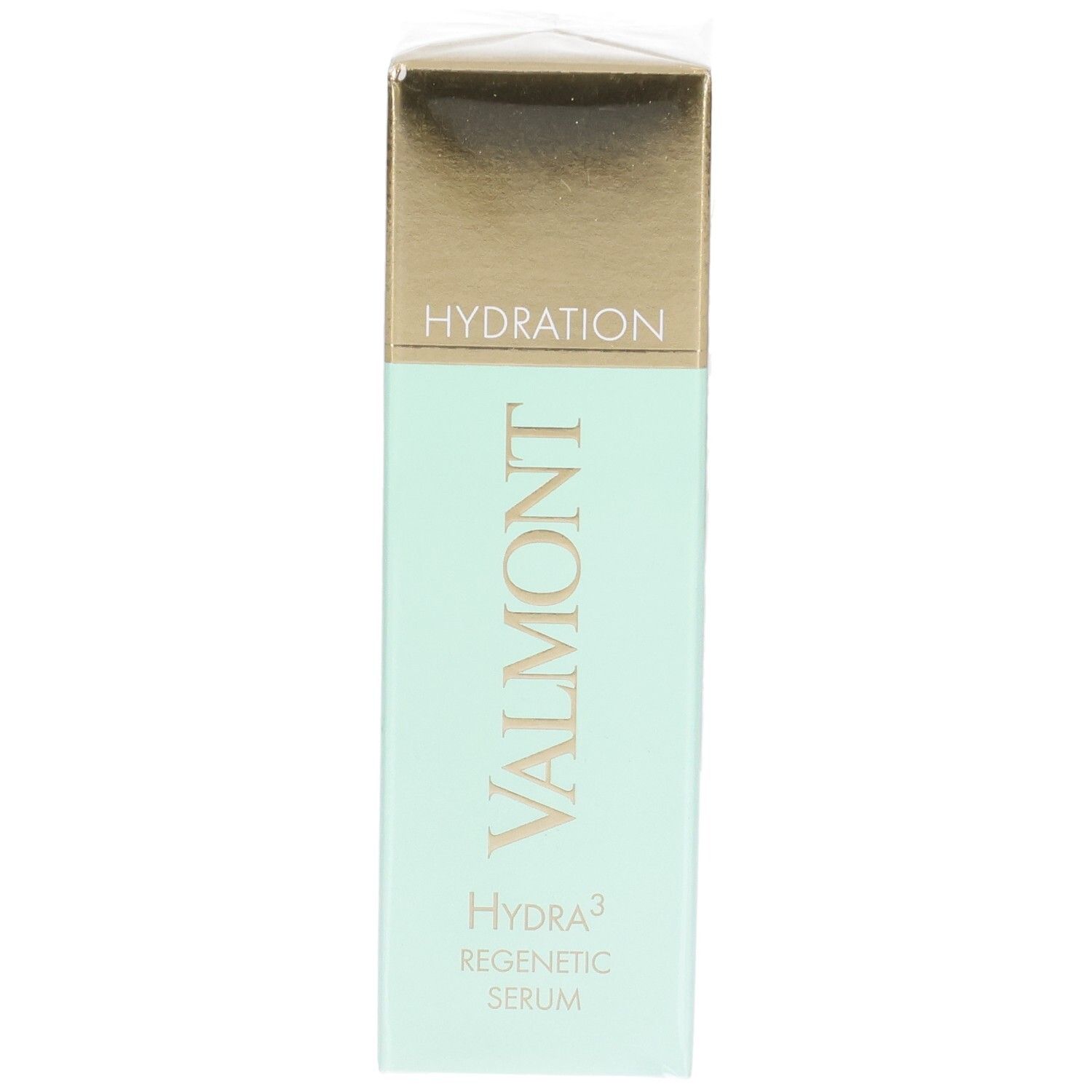 Boîte Valmont Hydra³ Regenetic Serum. Vert pâle et doré. "Hydration" et nom de marque.